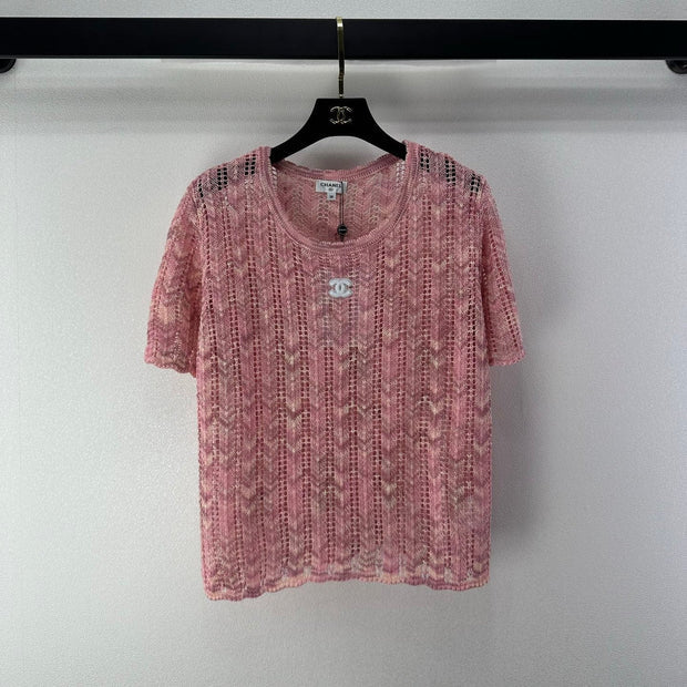 Chanel 2026 Openwork Knit Short Sleeve Pink Cotton 395623