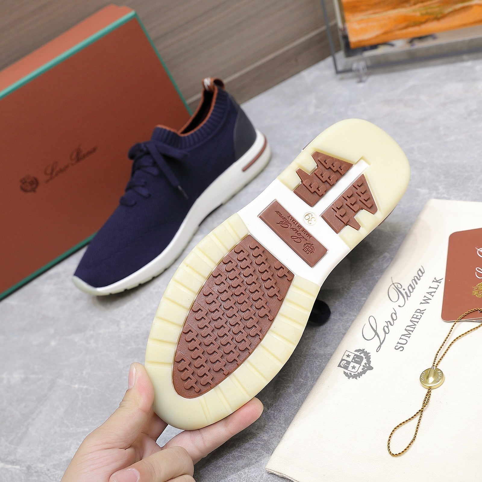 LP lady Flexy Walk Sneaker Navy Blue mix Orange Wool and Calfskin 310450