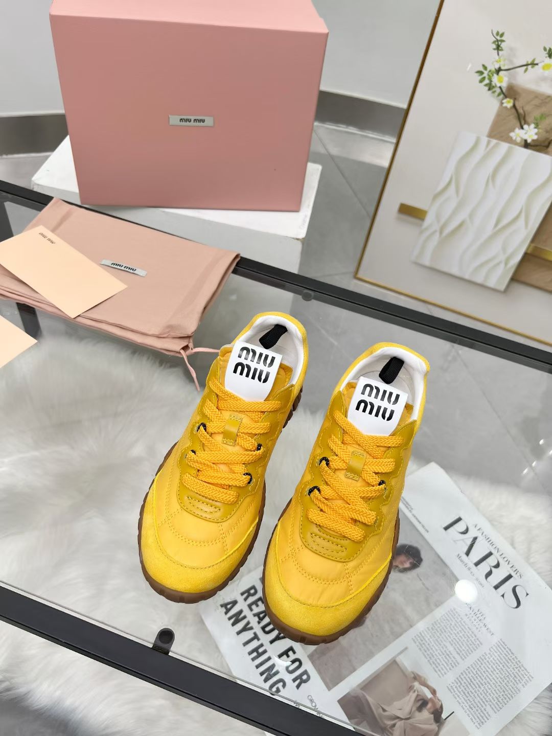 Miu TYRE Sneakers Yellow Suede  Technical Fabric 456332