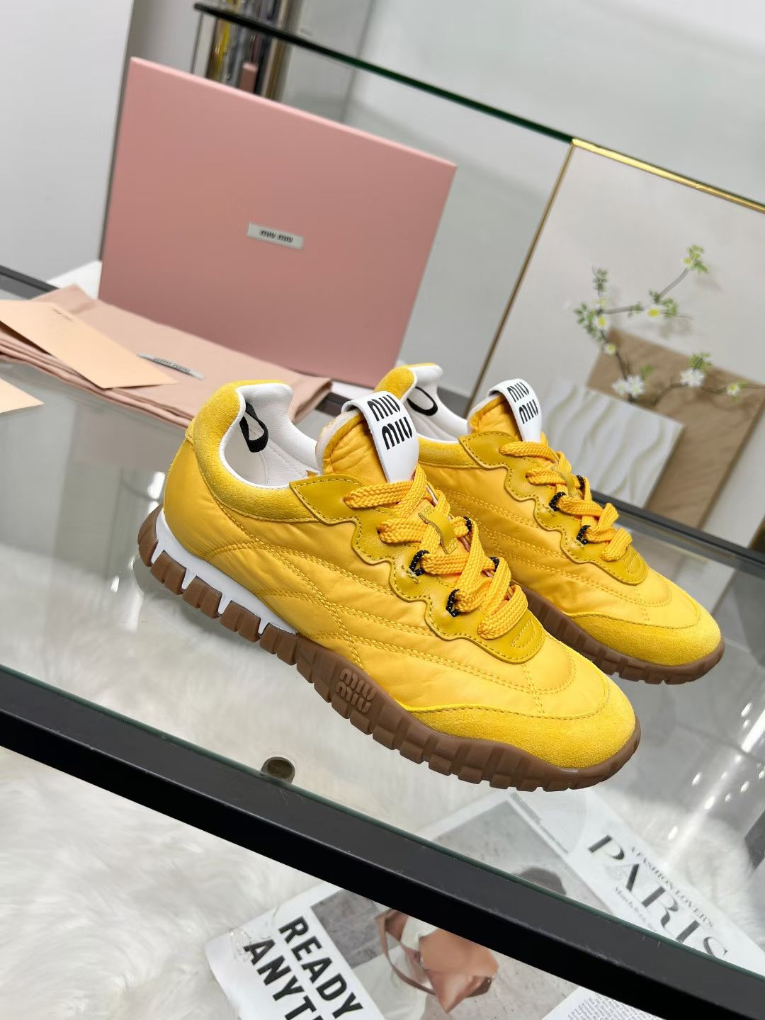 Miu TYRE Sneakers Yellow Suede  Technical Fabric 456332