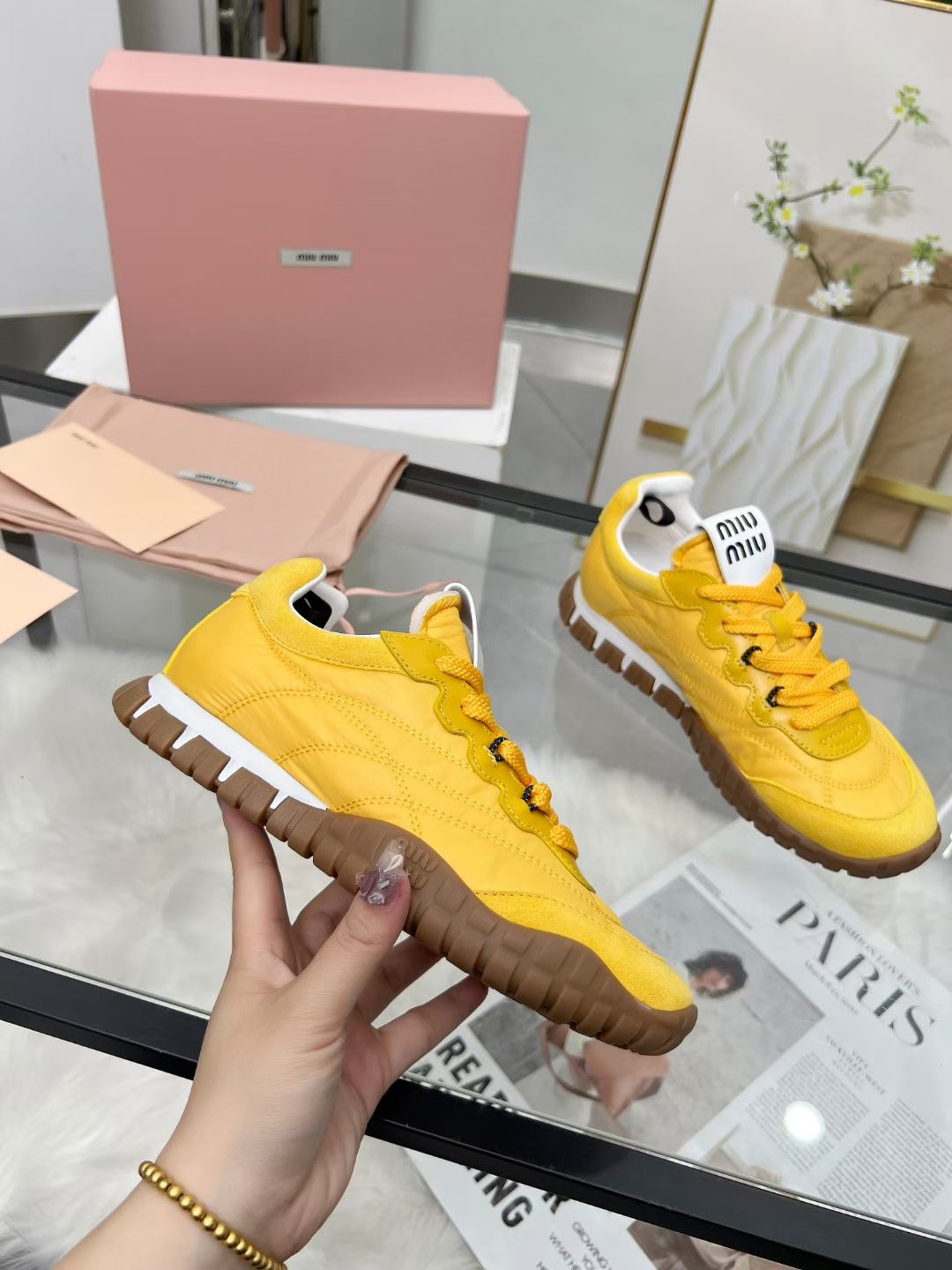 Miu TYRE Sneakers Yellow Suede  Technical Fabric 456332