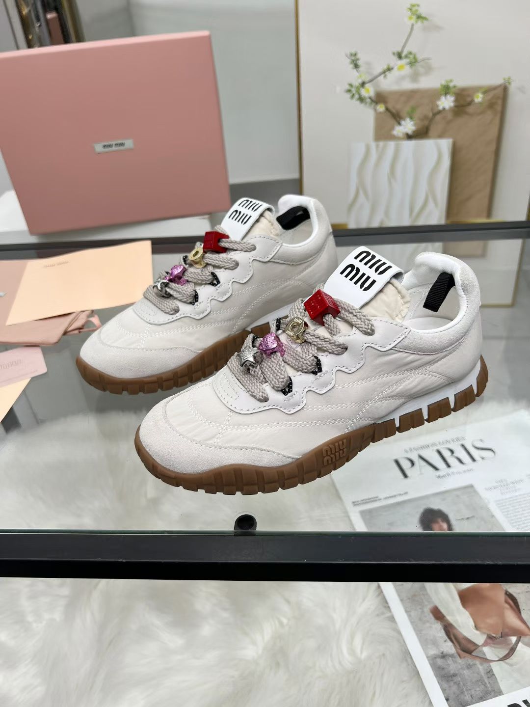 Miu TYRE Sneakers with Decorative Buckle White Suede Technical Fabric 456337