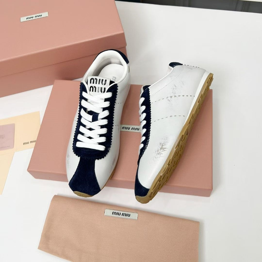 Miu Plume Sneakers Navy Blue White Cowhide Suede  456353