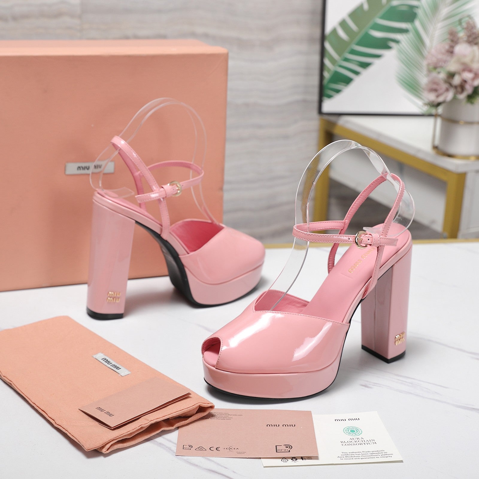 Miu Block-Heel Platform Sandals 125mm Pink Patent Leather 504175
