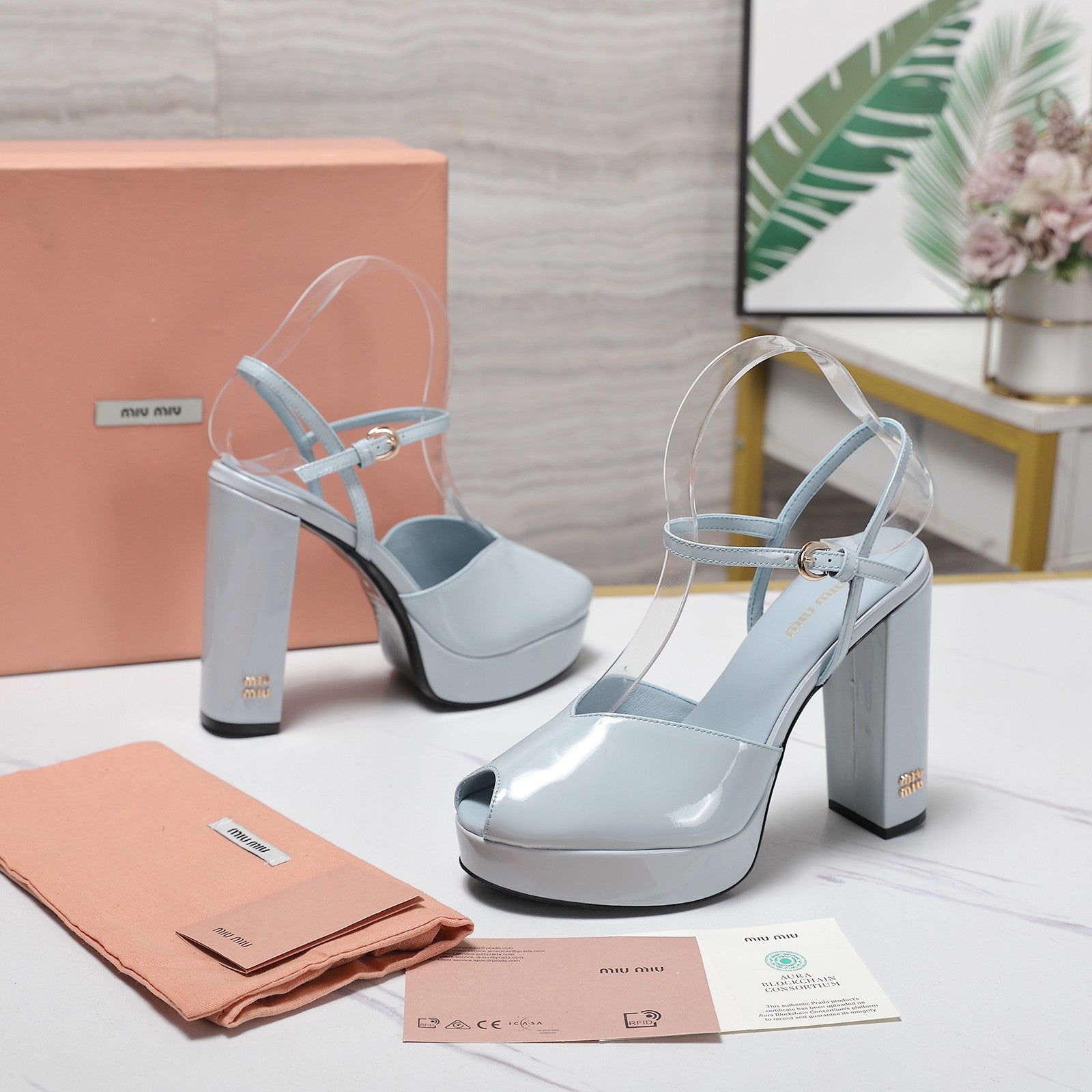 Miu Block-Heel Platform Sandals 125mm Light Steel Blue Patent Leather 504176