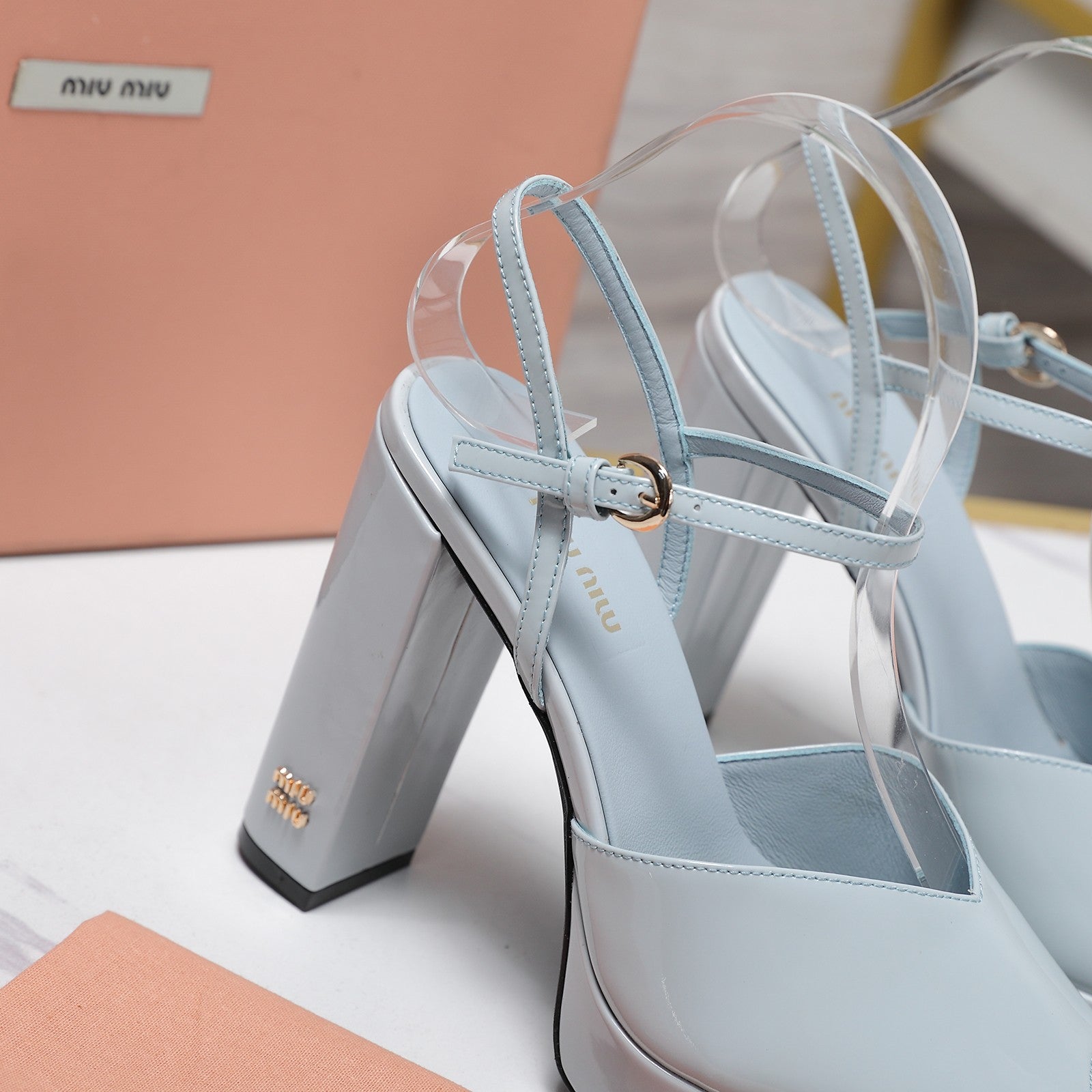 Miu Block-Heel Platform Sandals 125mm Light Steel Blue Patent Leather 504176