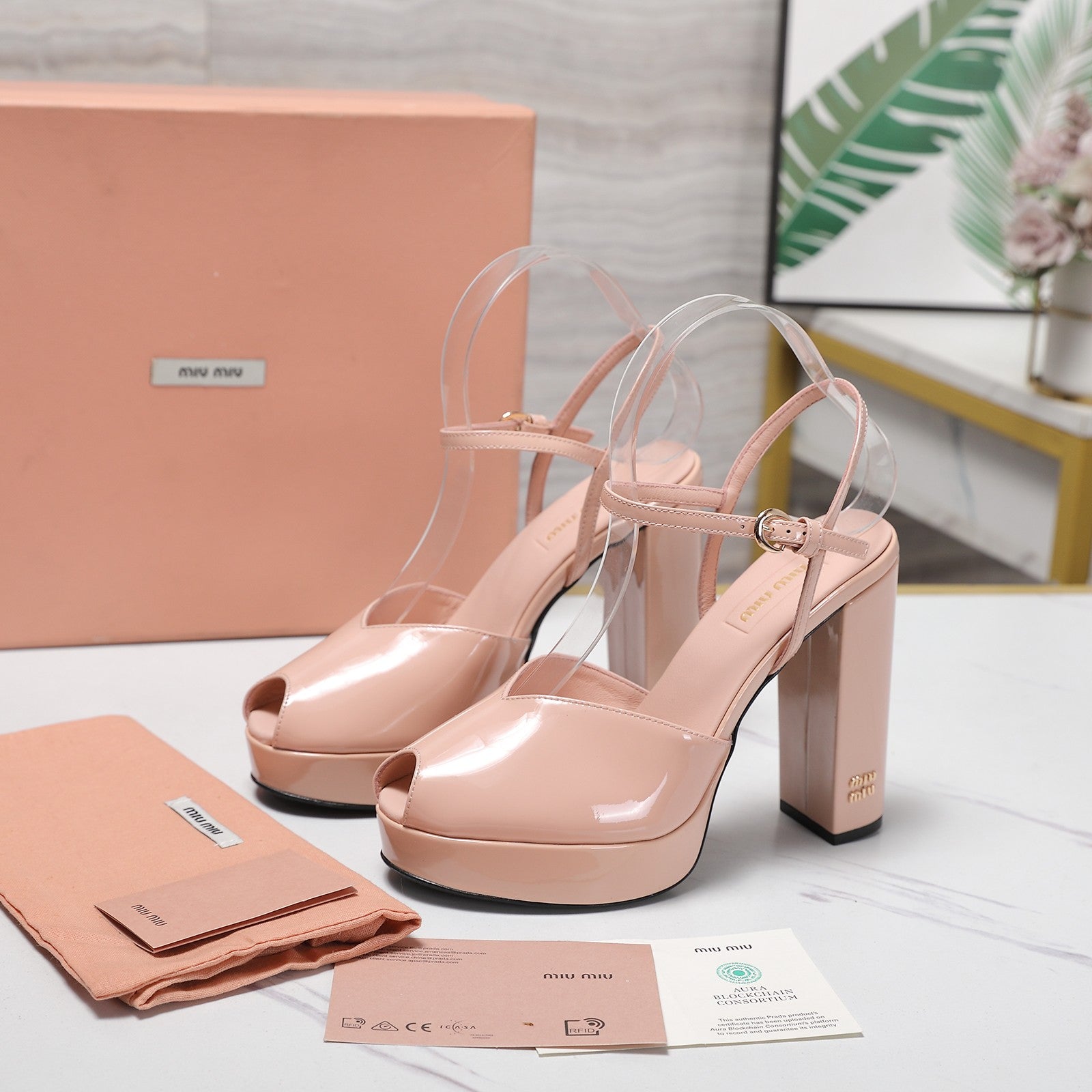 Miu Block-Heel Platform Sandals 125mm Muted Pink Patent Leather 504177