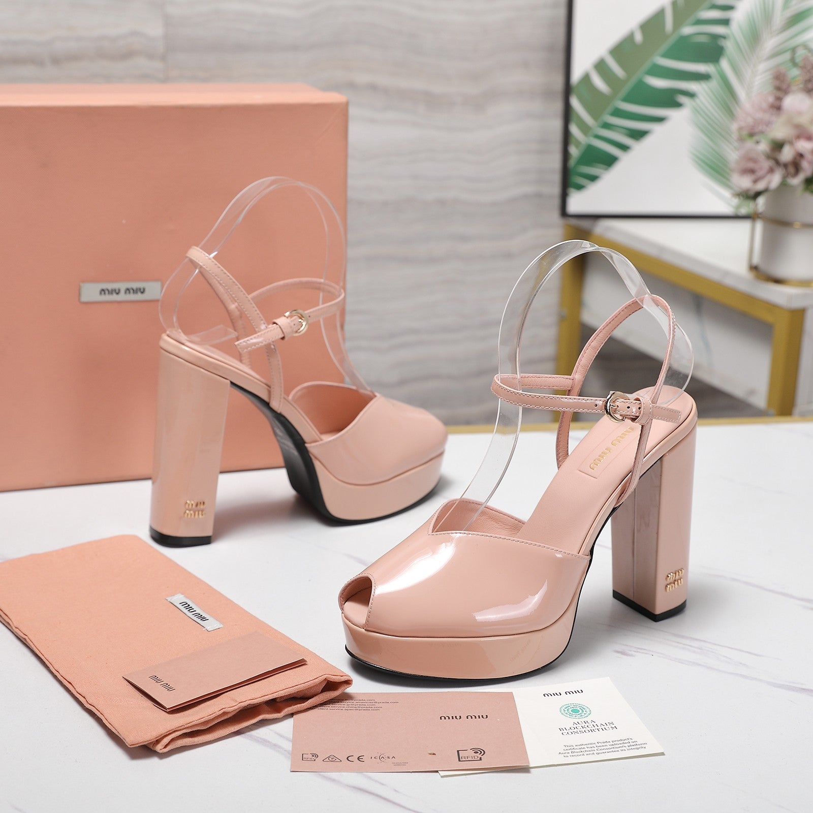 Miu Block-Heel Platform Sandals 125mm Muted Pink Patent Leather 504177
