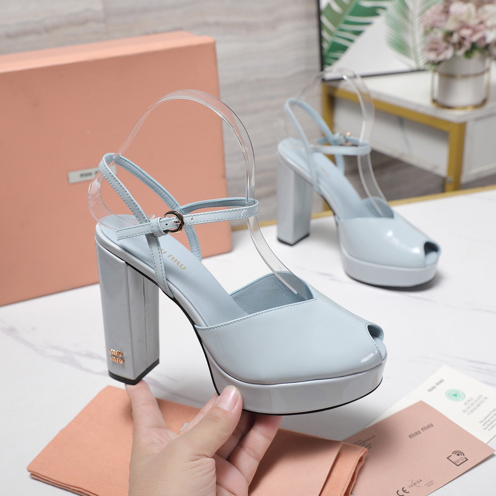 Miu Block-Heel Platform Sandals 125mm Light Steel Blue Patent Leather 504176