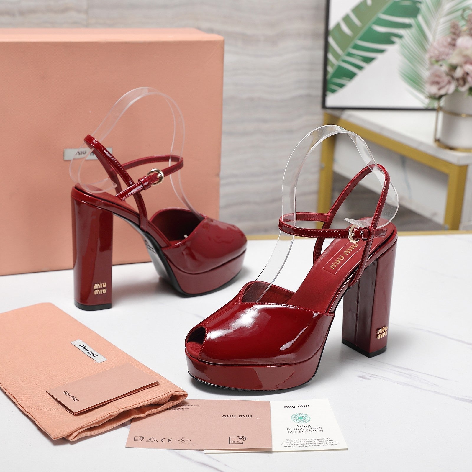 Miu Block-Heel Platform Sandals 125mm Red Patent Leather 504178