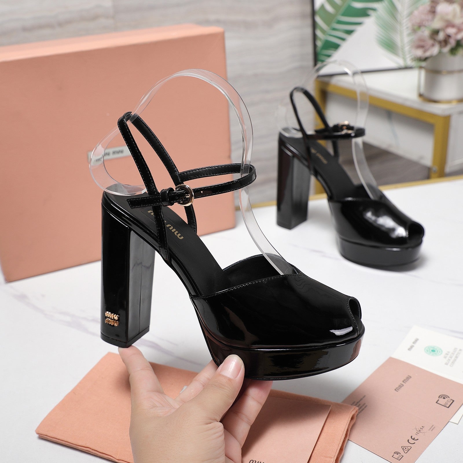 Miu Block-Heel Platform Sandals 125mm Black Patent Leather 504179