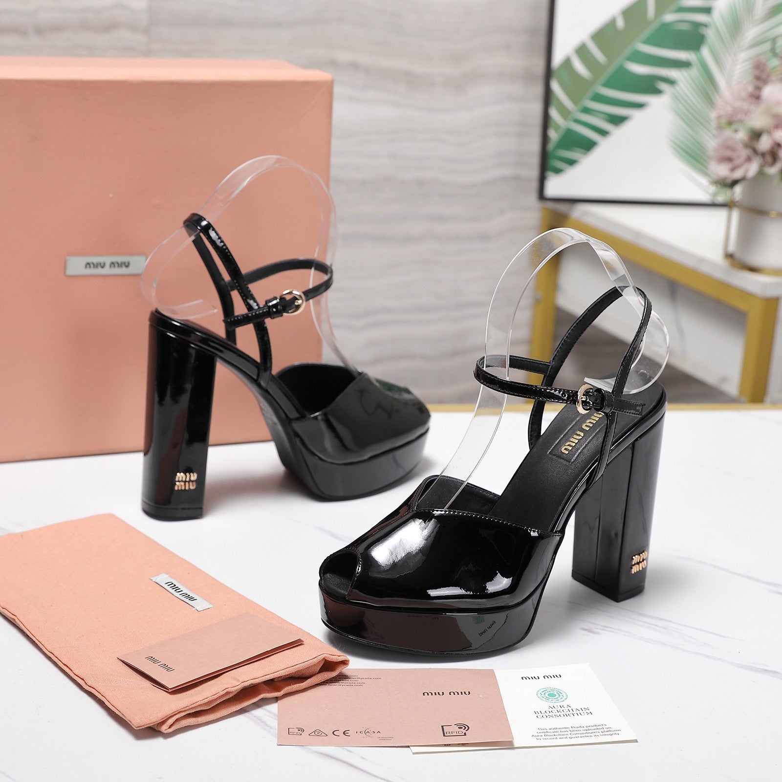 Miu Block-Heel Platform Sandals 125mm Black Patent Leather 504179