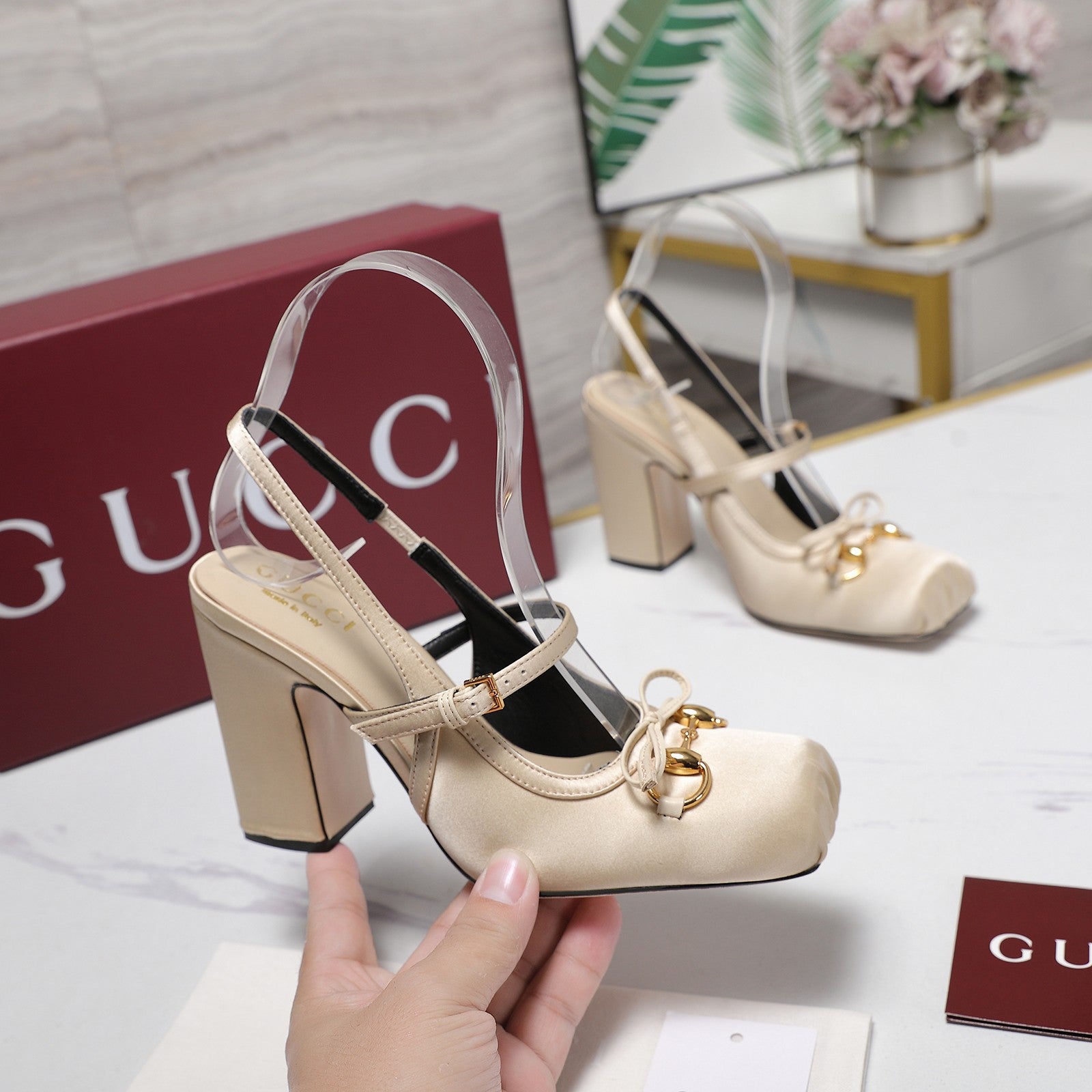 Gucci Horsebit Slingback Pumps Light Beige  Satin Fabric 504421