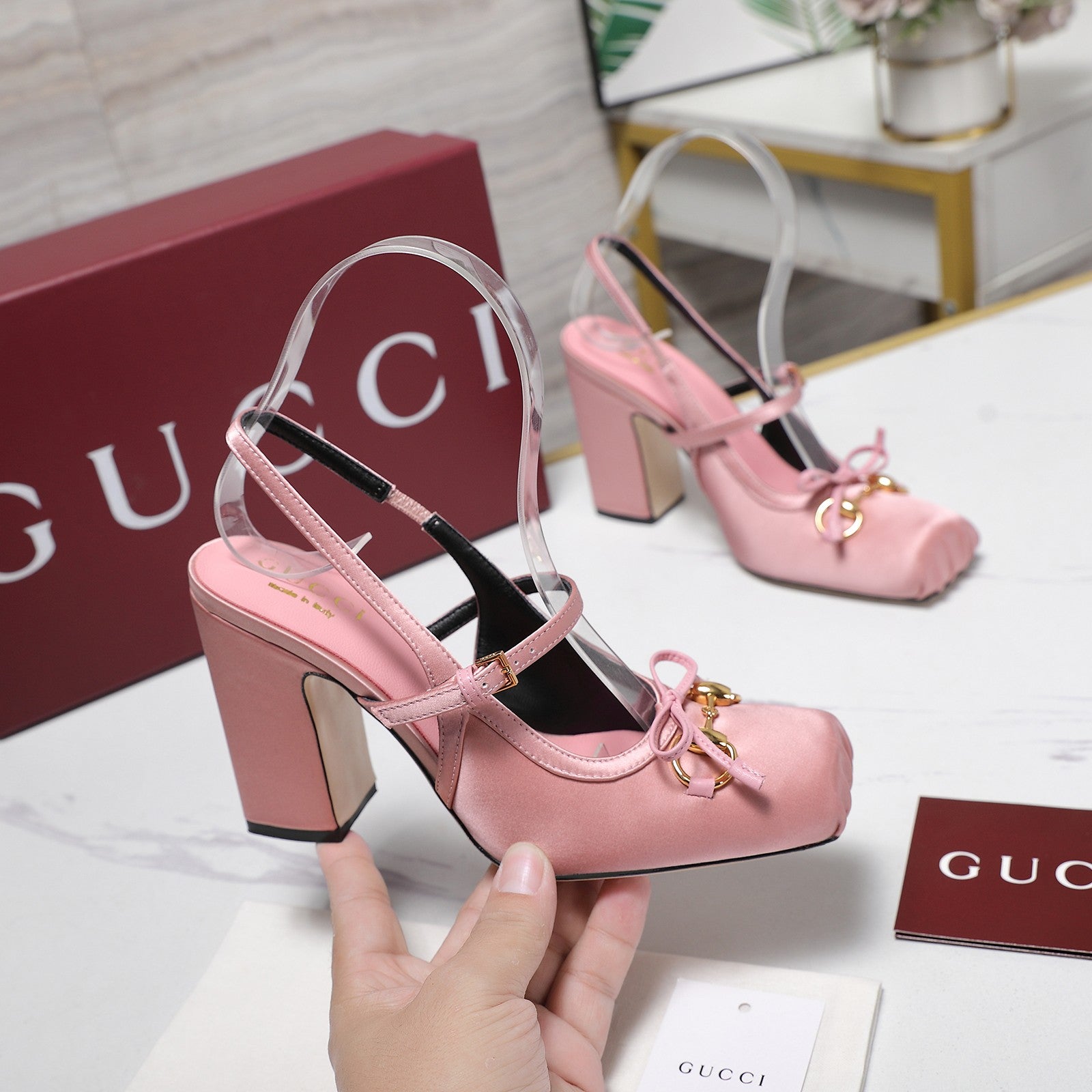 Gucci Horsebit Slingback Pumps Pink  Satin Fabric 504422