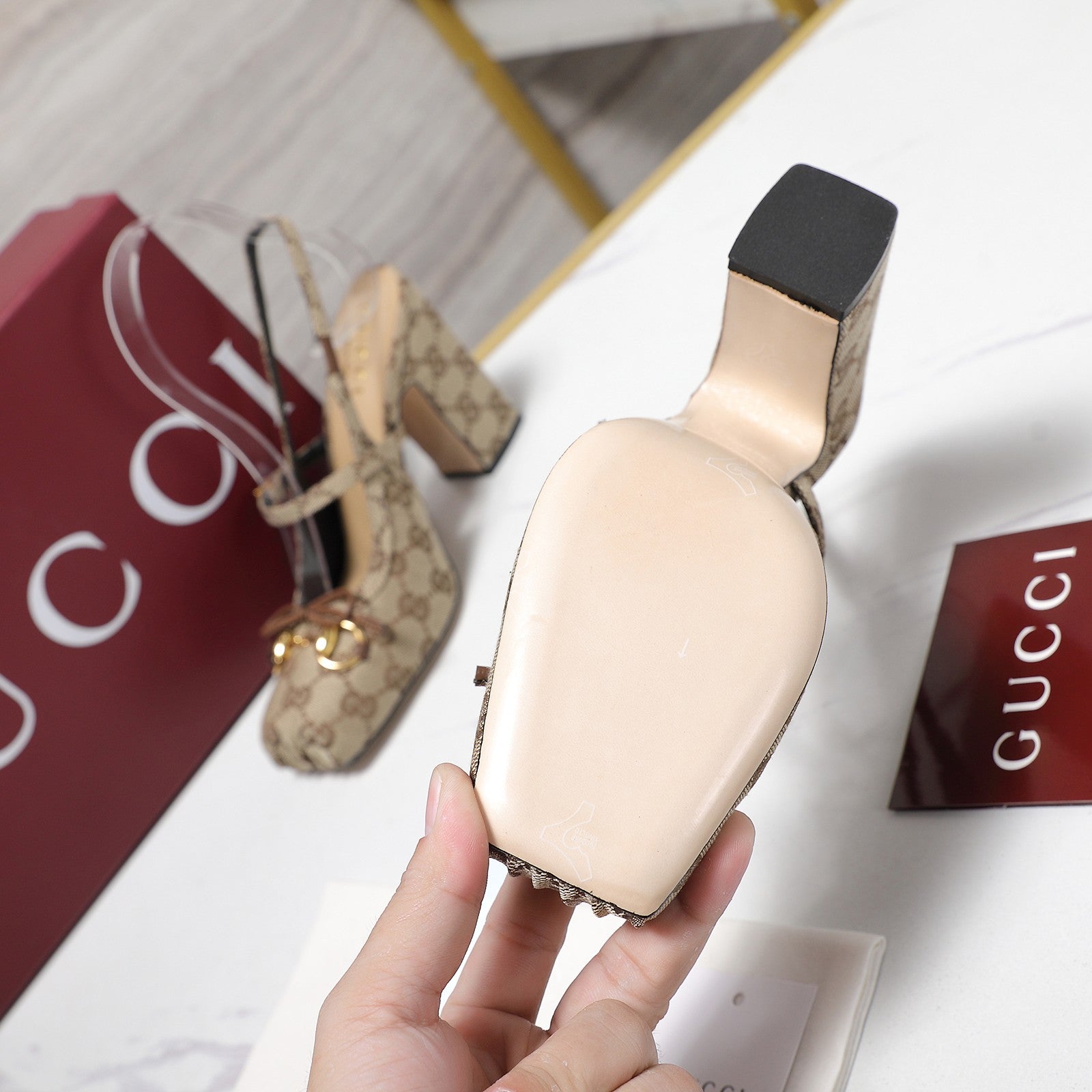 Gucci Horsebit Slingback Pumps Beige Jacquard Canvas 504425