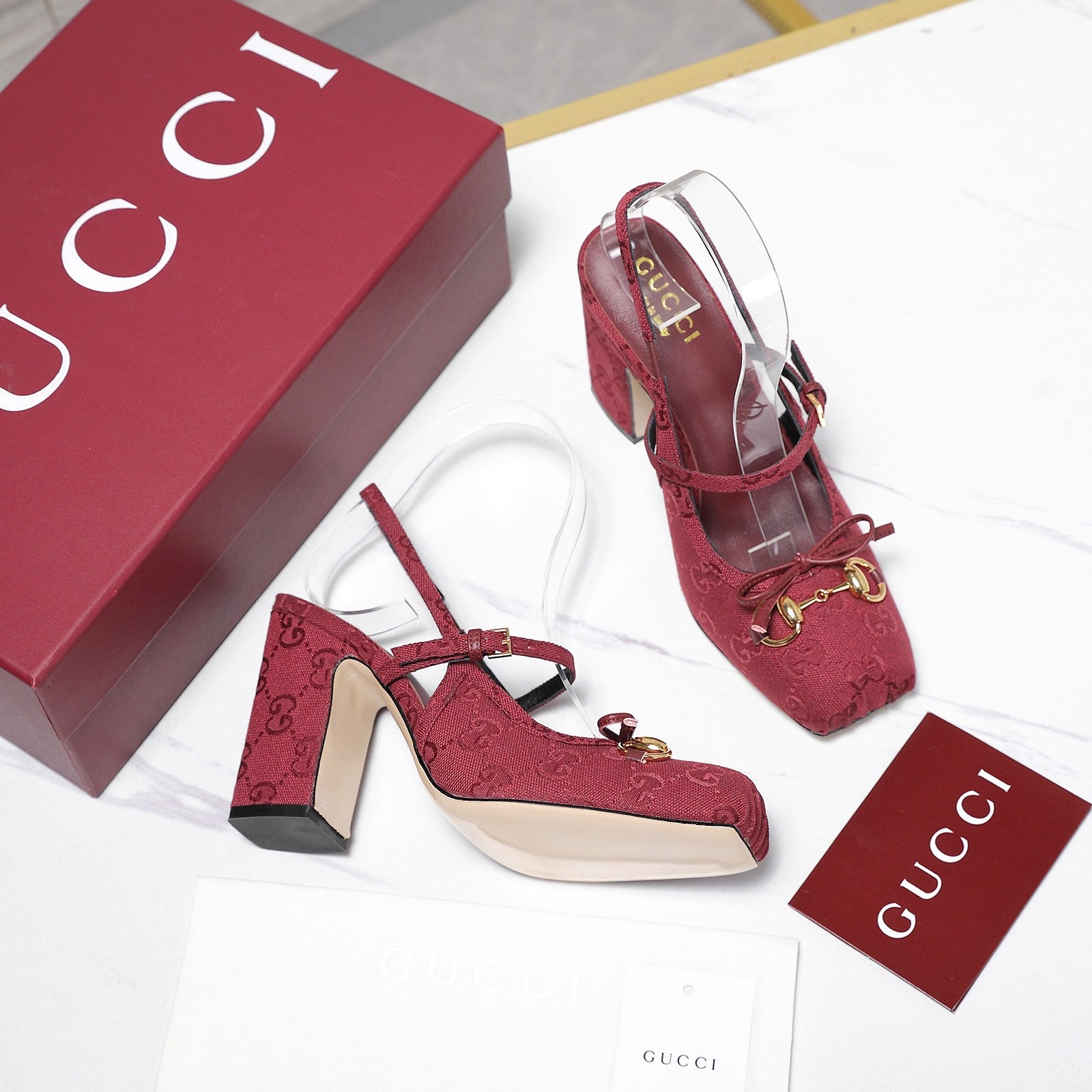 Gucci Horsebit Slingback Pumps Burgundy Jacquard Canvas 504426