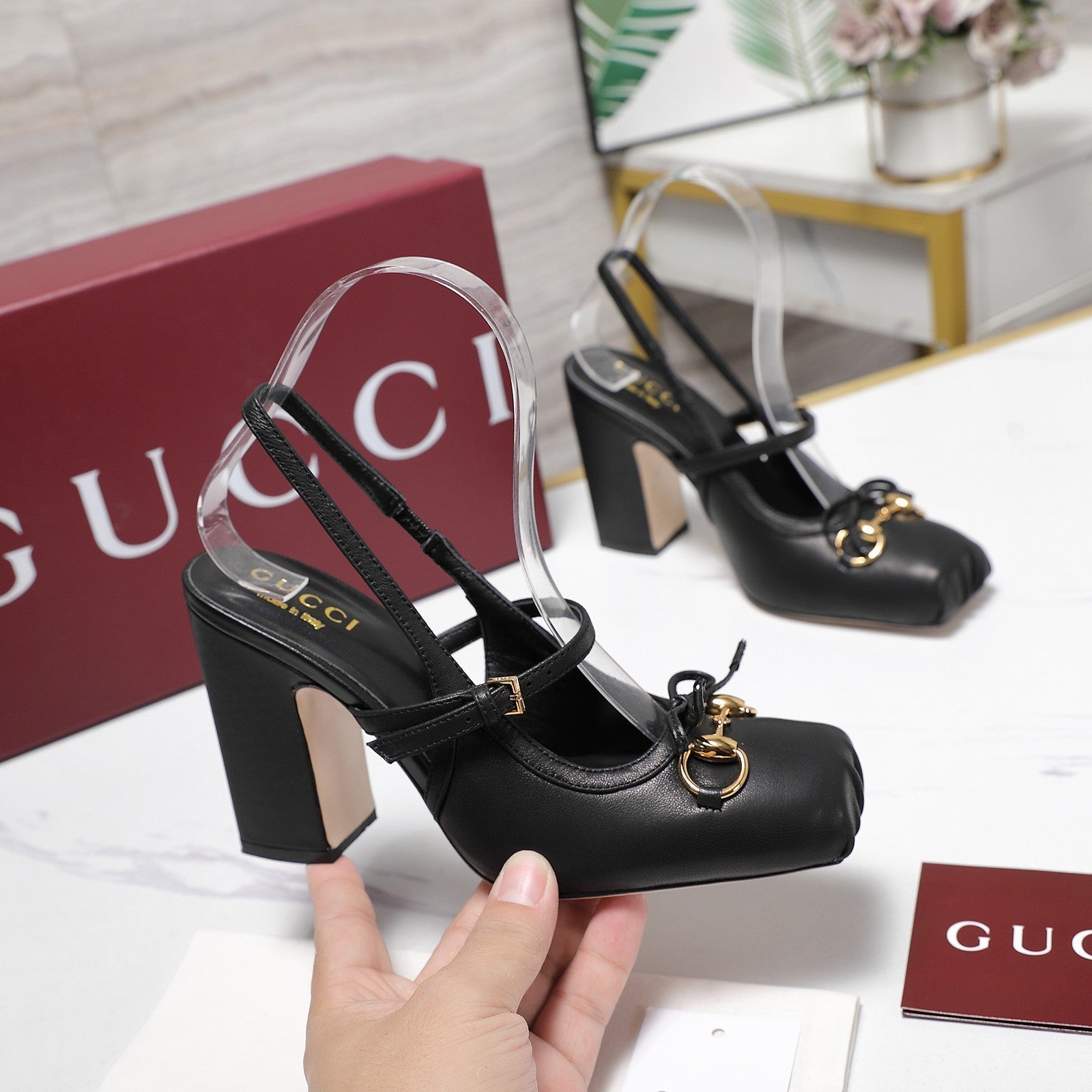Gucci Horsebit  Slingback Pumps 7CM Black Leather 504428
