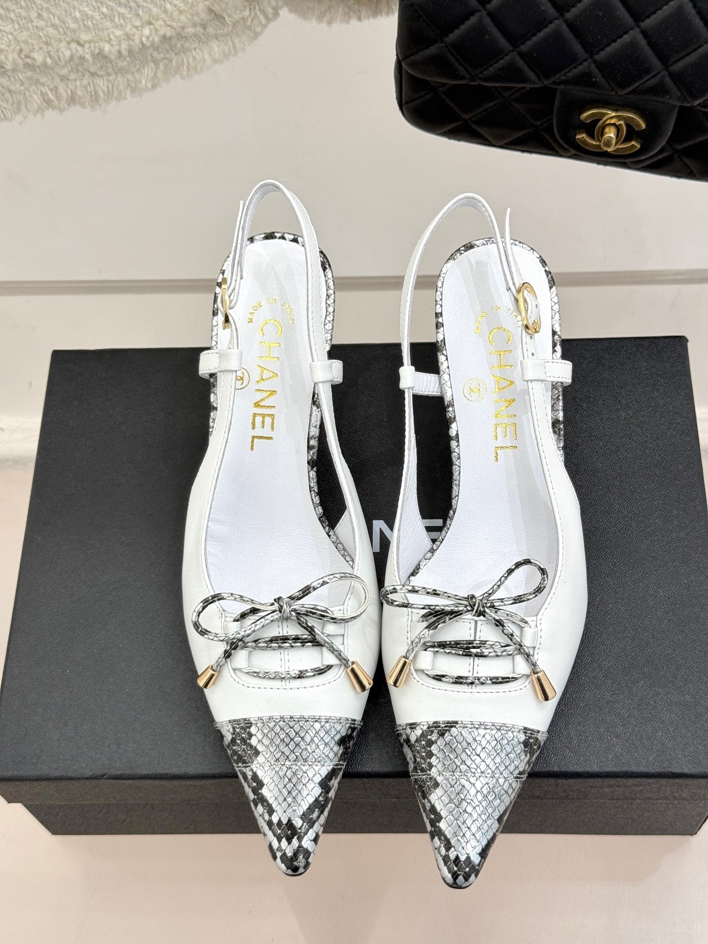 CC 25C Bowknot Slingback Sandal 60mm White Sheepskin Mix Python Pattern 265652