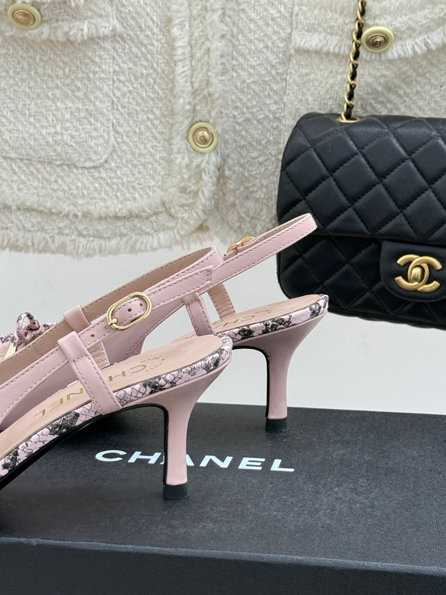 CC 25C Bowknot Slingback Sandal 60mm Light Pink Sheepskin Mix Python Pattern 265654