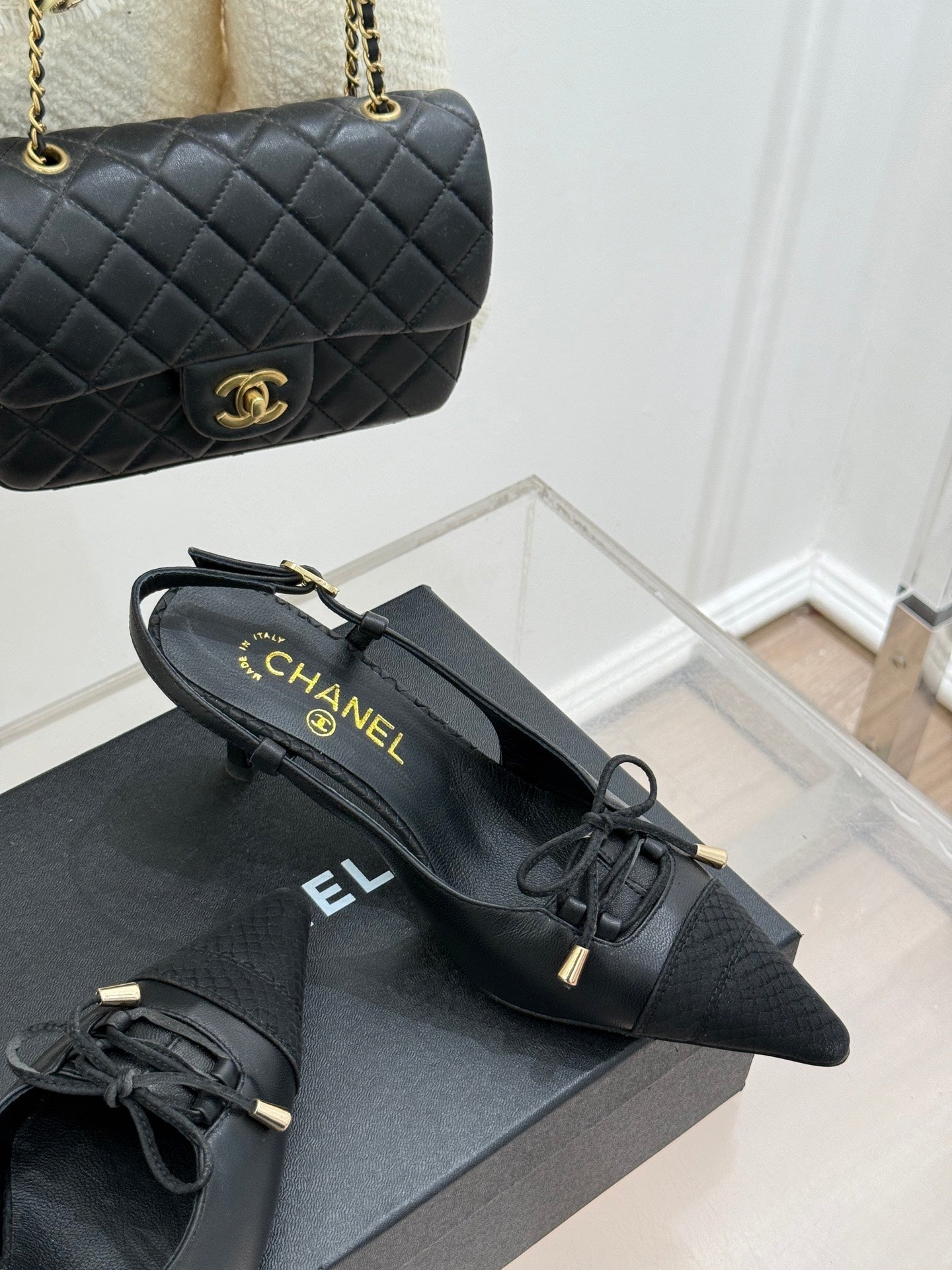 CC 25C Bowknot Slingback Sandal 60mm Black Sheepskin Black Grosgrain 265655