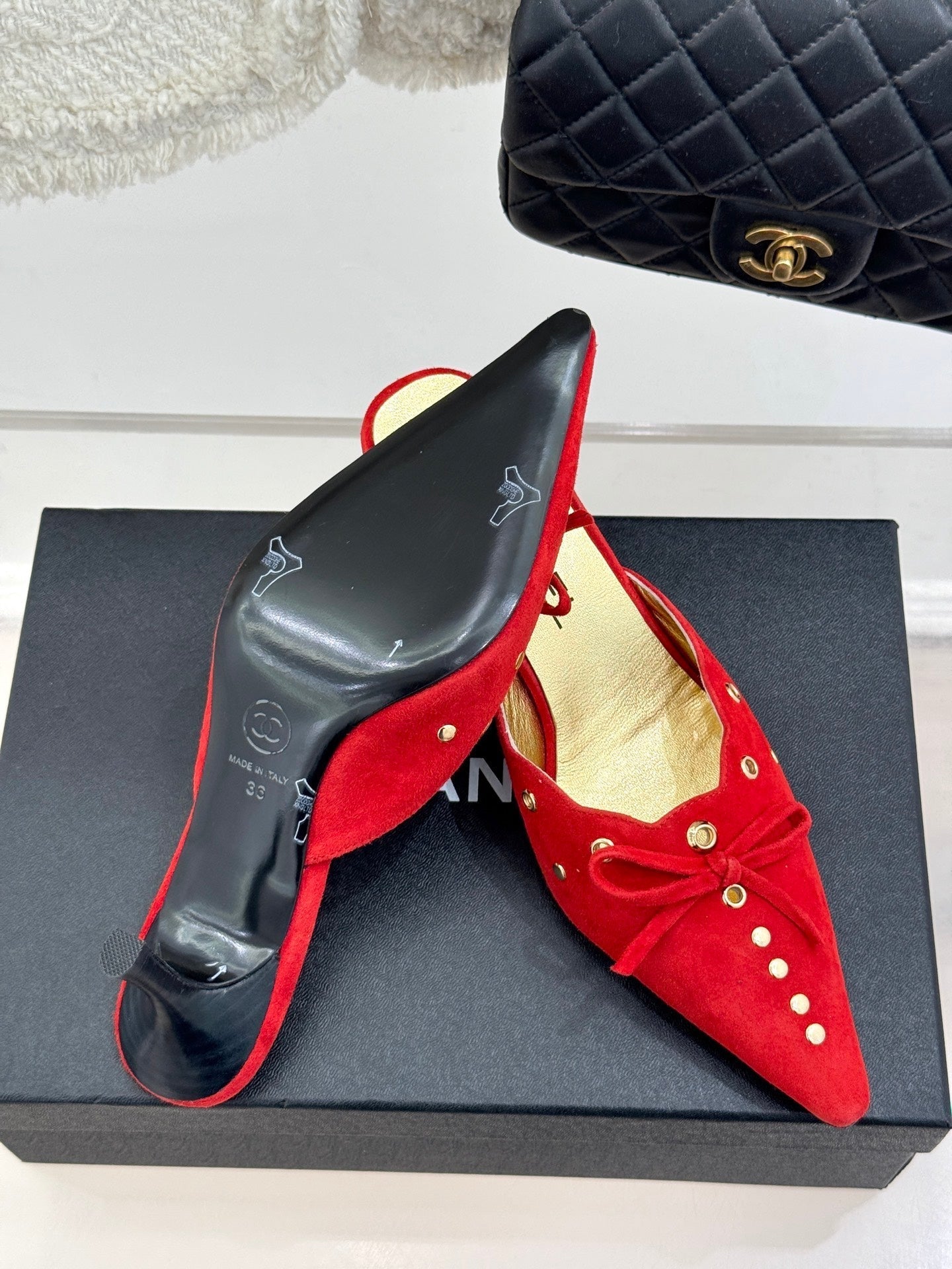 CC 25C Bowknot Pointed High Heel Half Slippers 60mm Red Suede 265658