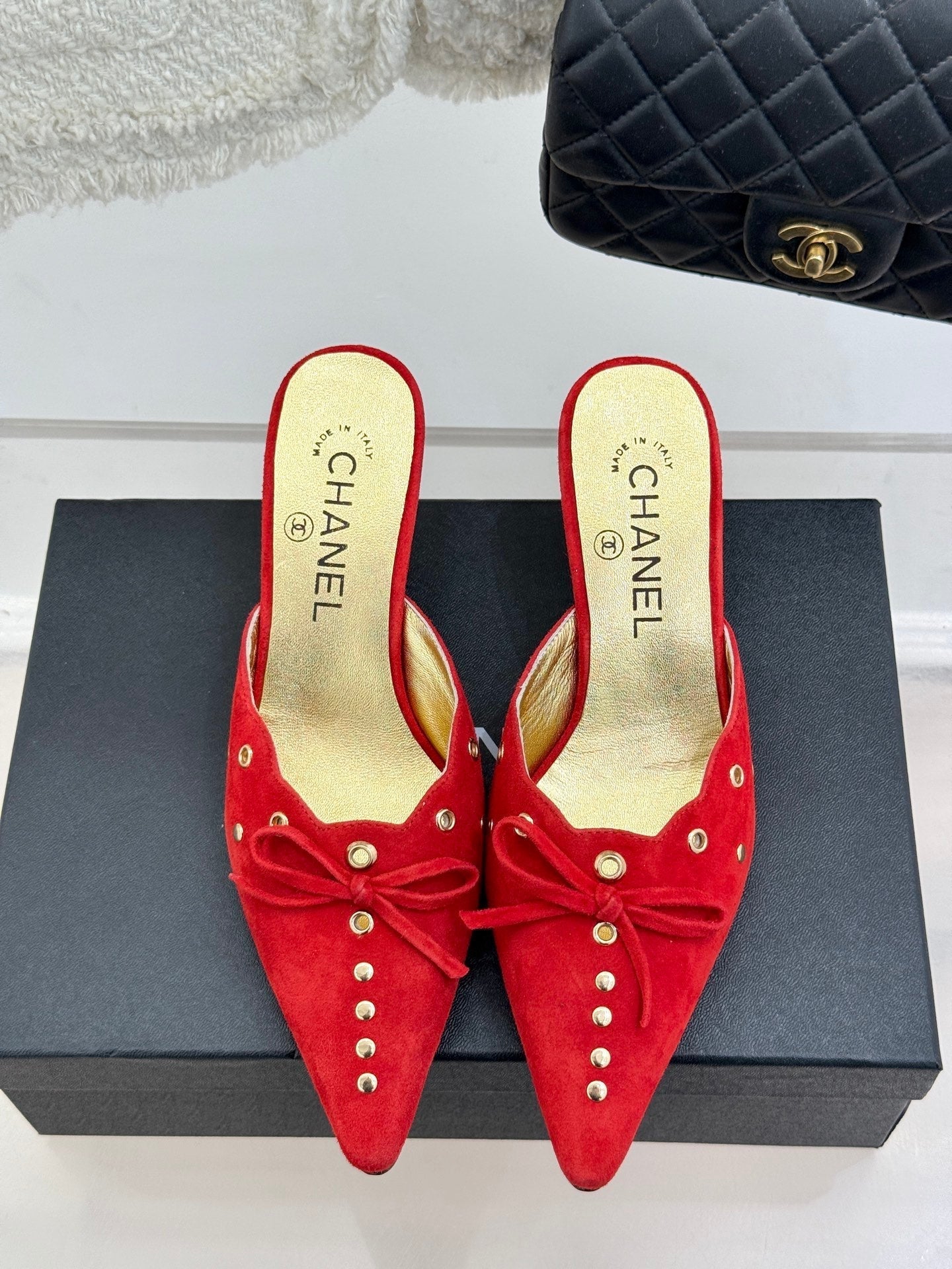 CC 25C Bowknot Pointed High Heel Half Slippers 60mm Red Suede 265658