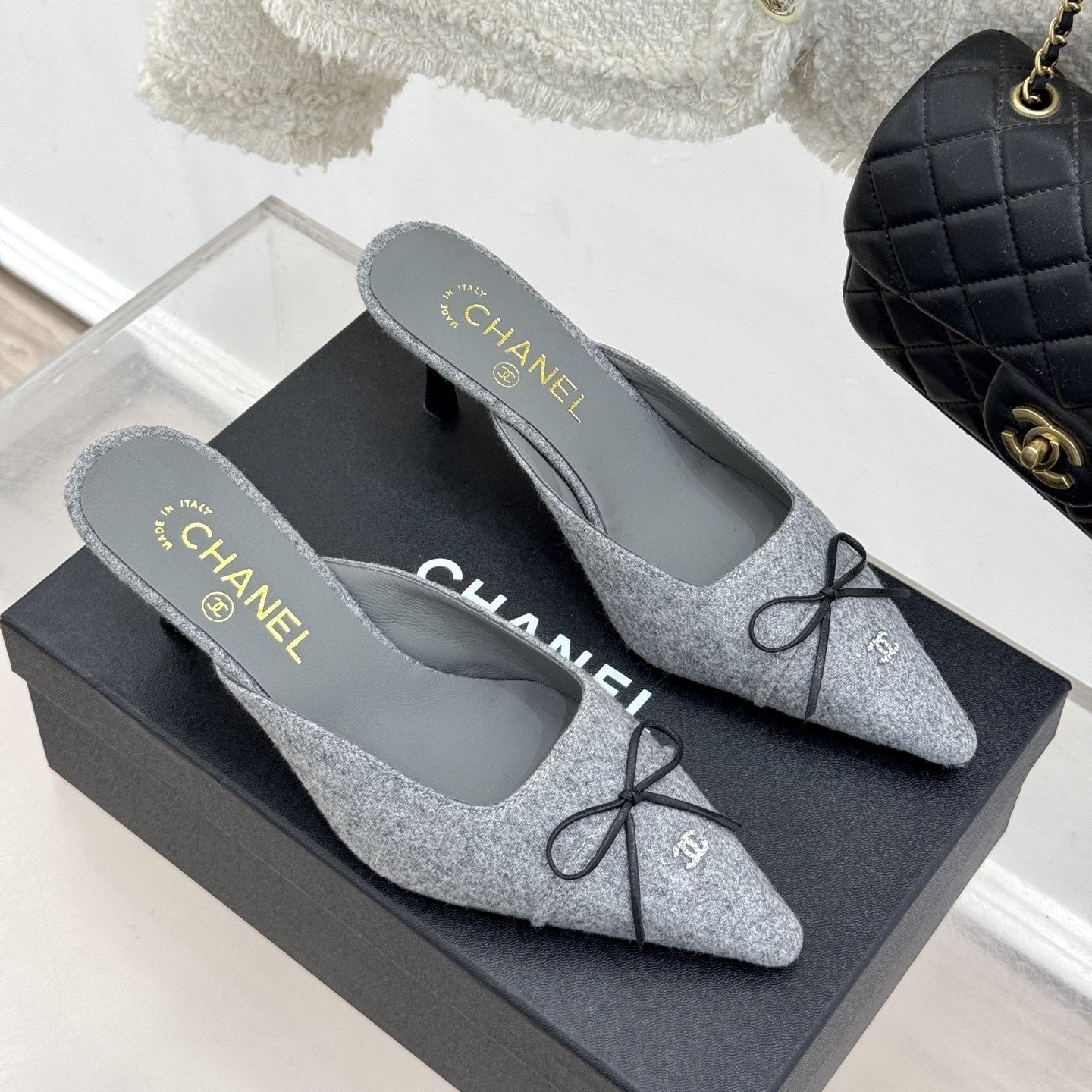 CC 25C Bowknot Pointed High Heel Half Slippers 60mm Grey Linen 265661