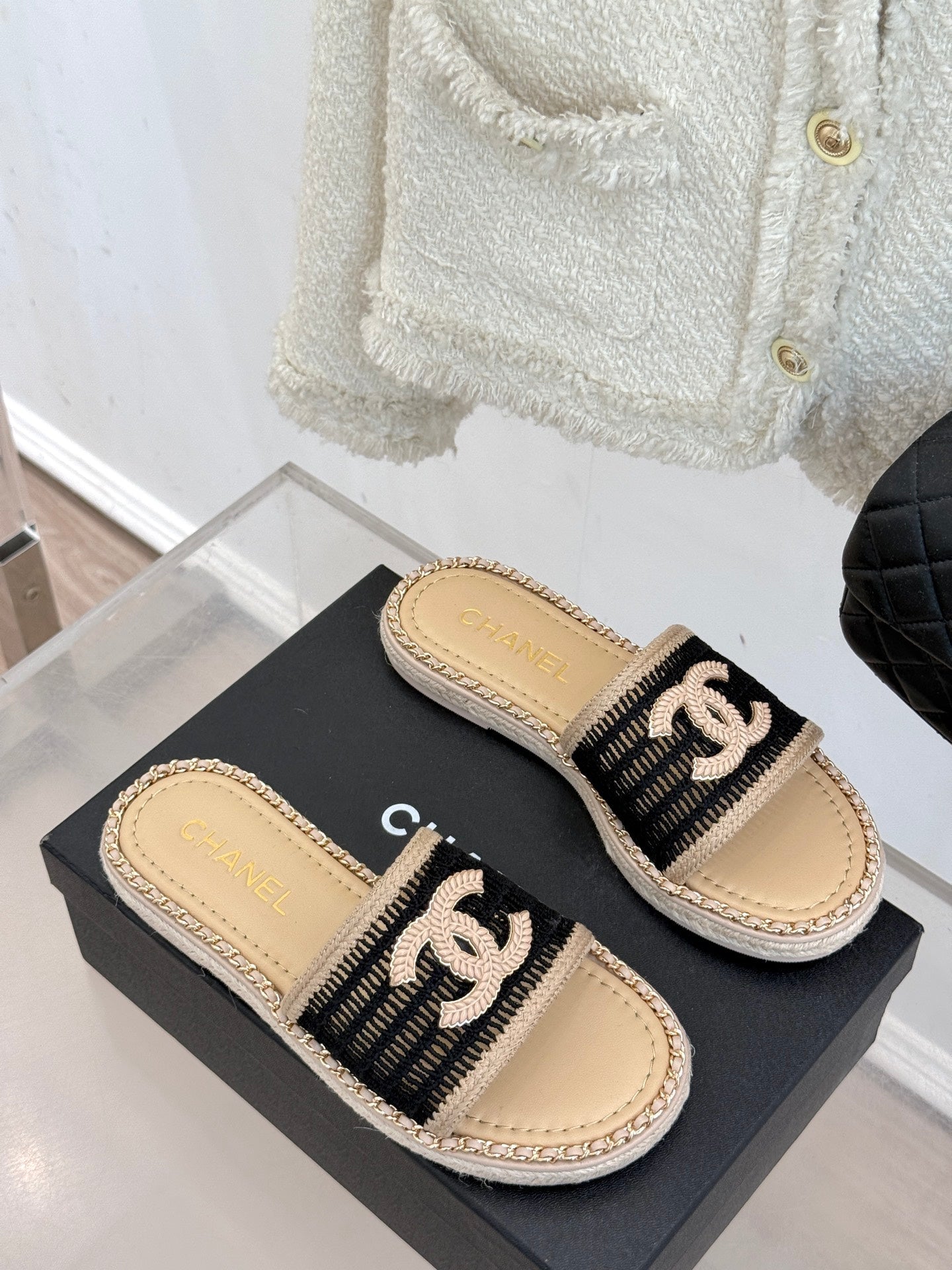 CC Mesh Hollow Chain Double C Thick-Soled Slippers 20mm Beige Black 265646