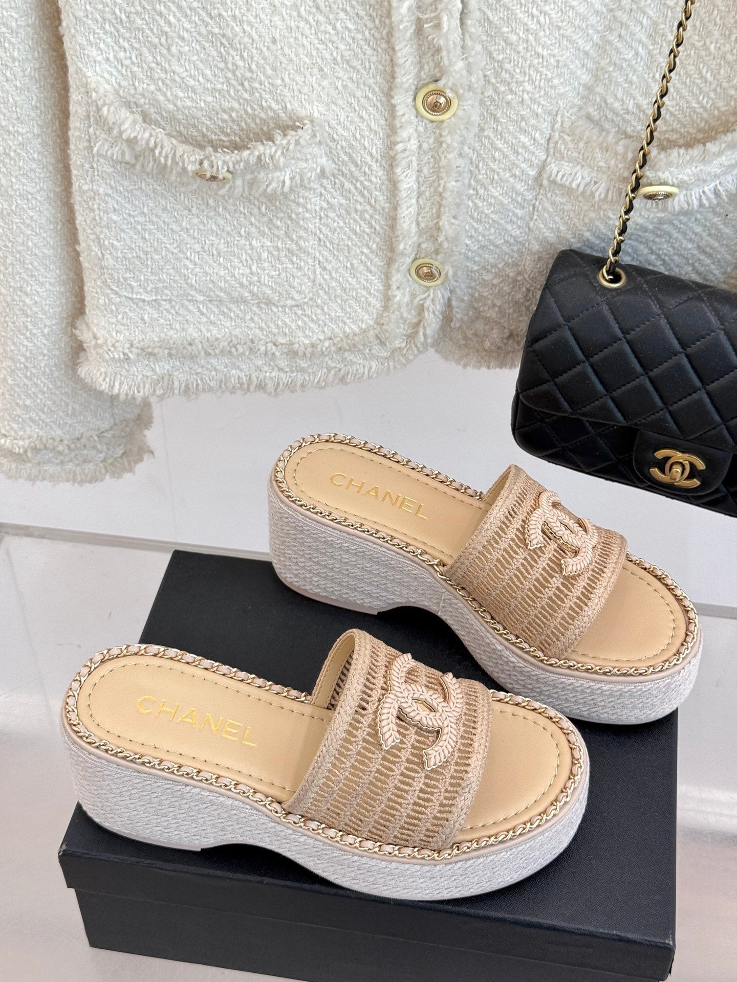 CC Mesh Hollow Chain Double C Thick-Soled Slippers 70mm Beige 265649