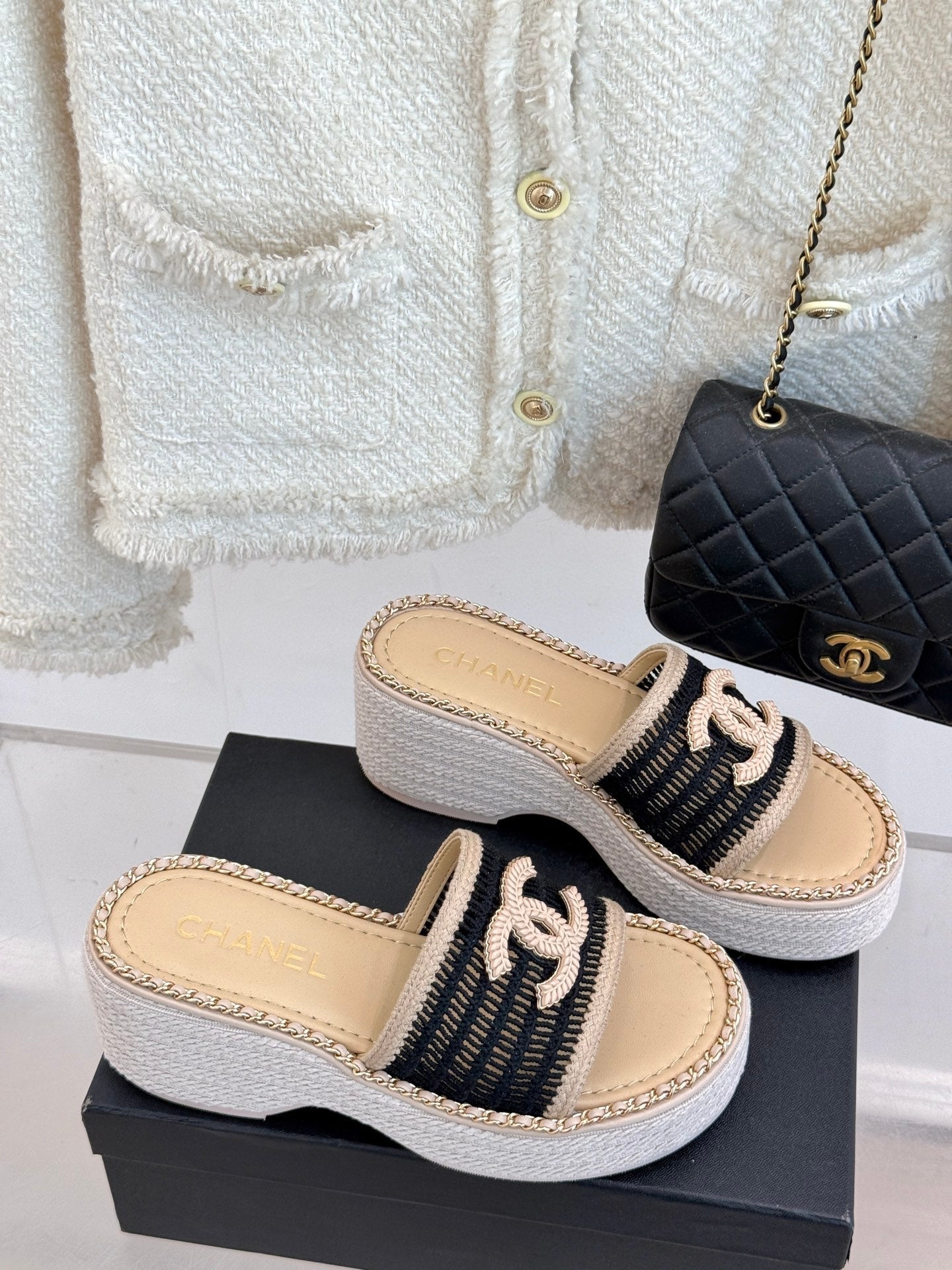 CC Mesh Hollow Chain Double C Thick-Soled Slippers 70mm Beige Black 265650