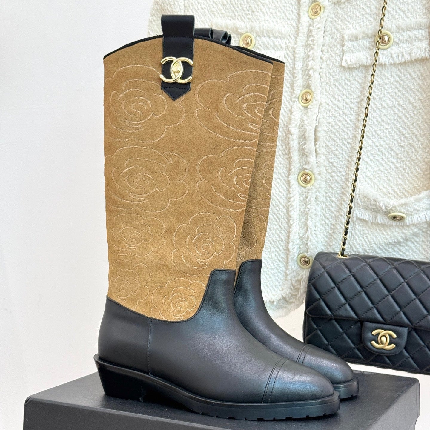 CC cowboy mid-calf boots black brown sheepskin suede 511983
