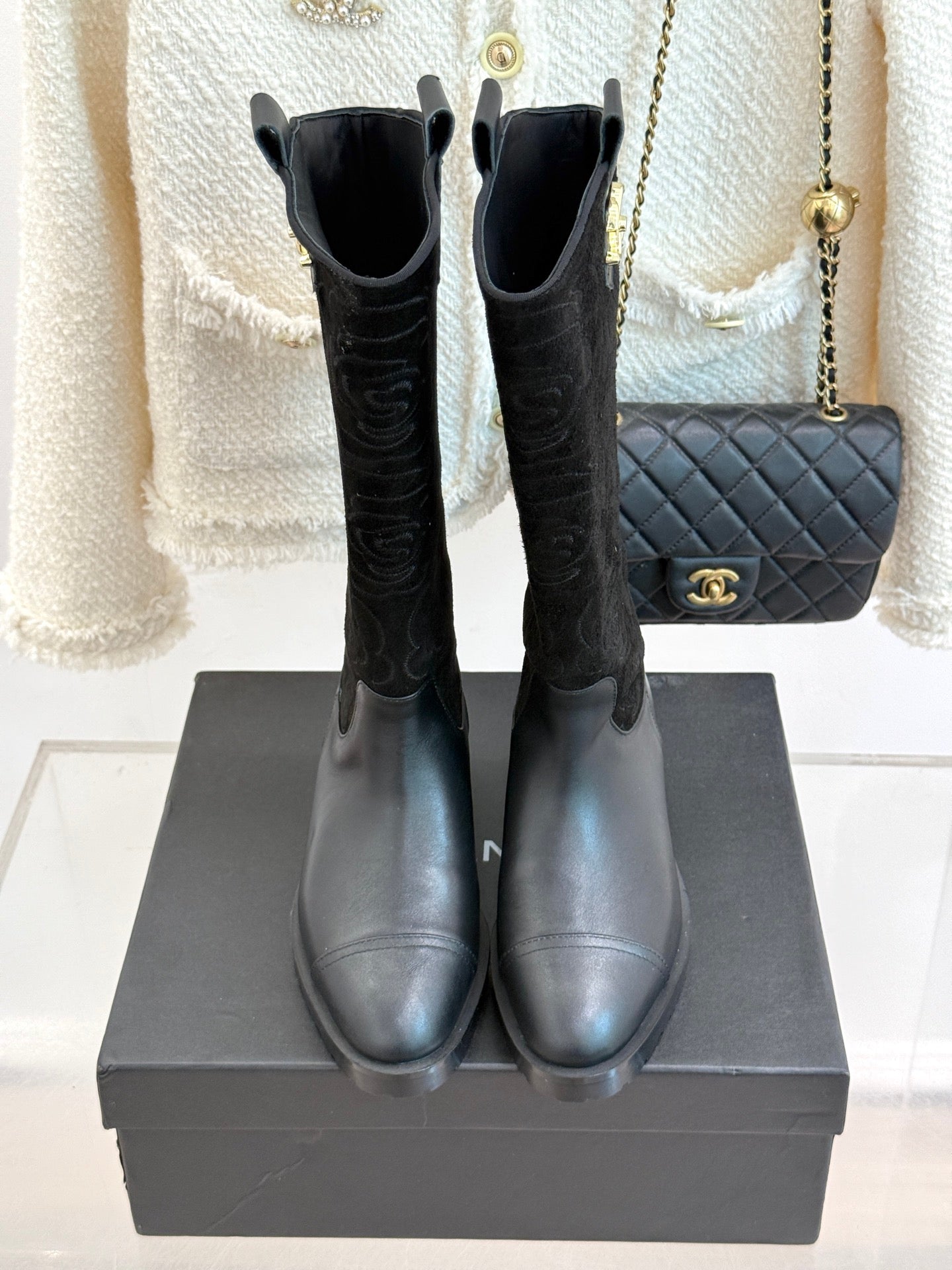 CC cowboy mid-calf boots black sheepskin suede 511984