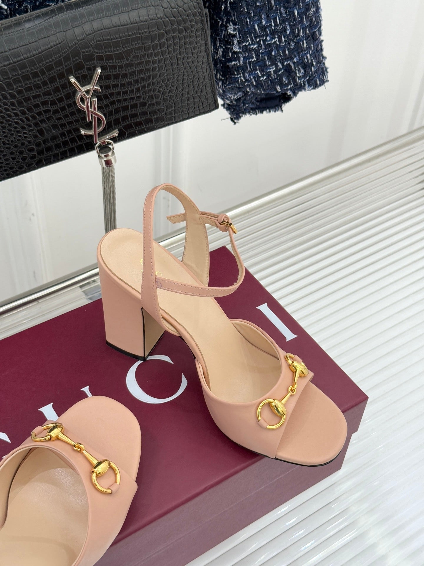 GG 26WF Chunky Heel Sandals 5cm Nude Sheepskin 632555