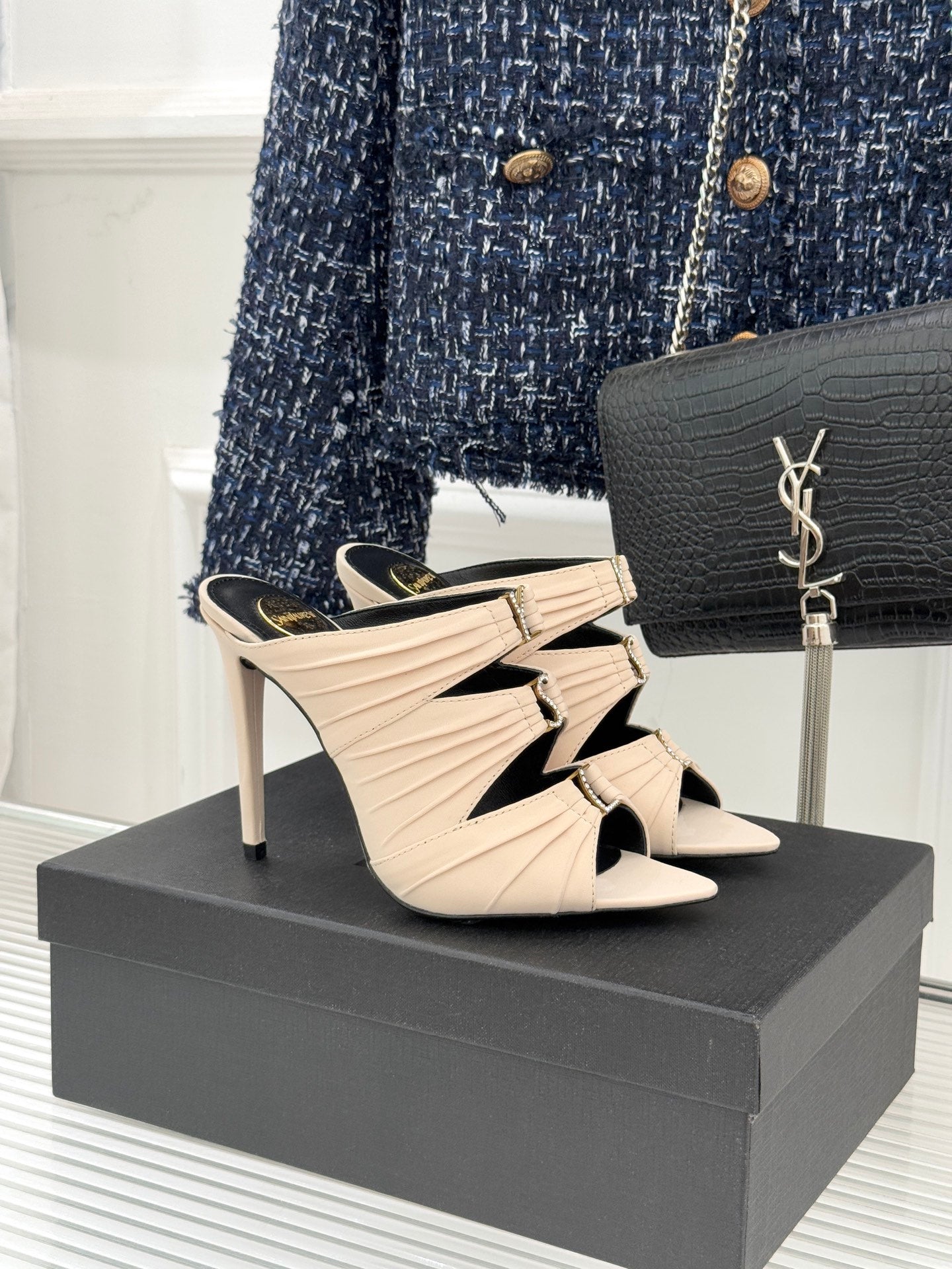 YSL Emilie Stiletto Mule Sandals 11cm Cream Satin 642912