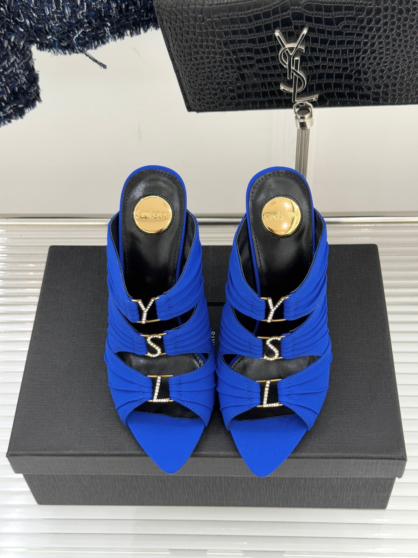 YSL Emilie Stiletto Mule Sandals 11cm Blue Satin 642915