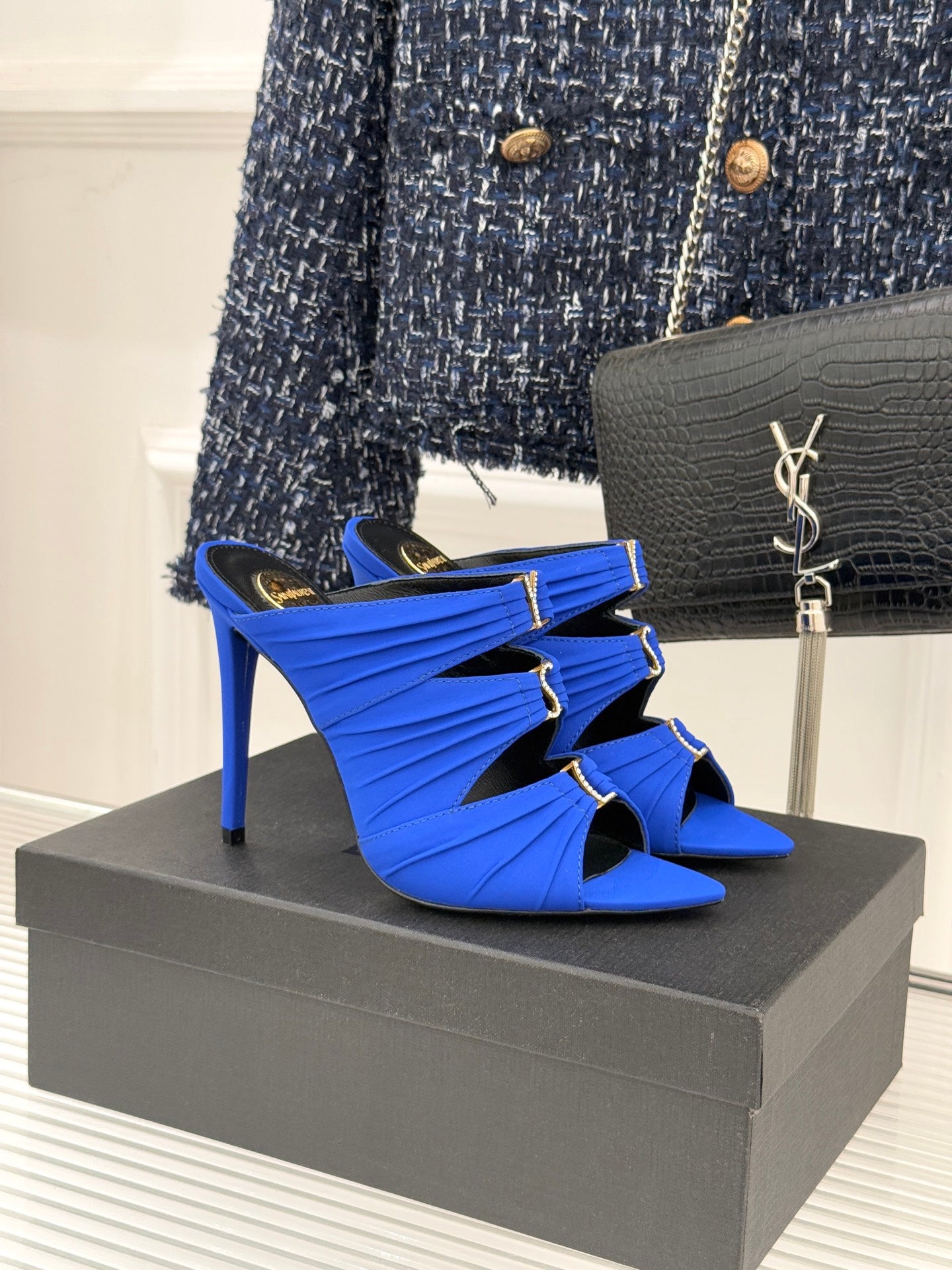 YSL Emilie Stiletto Mule Sandals 11cm Blue Satin 642915