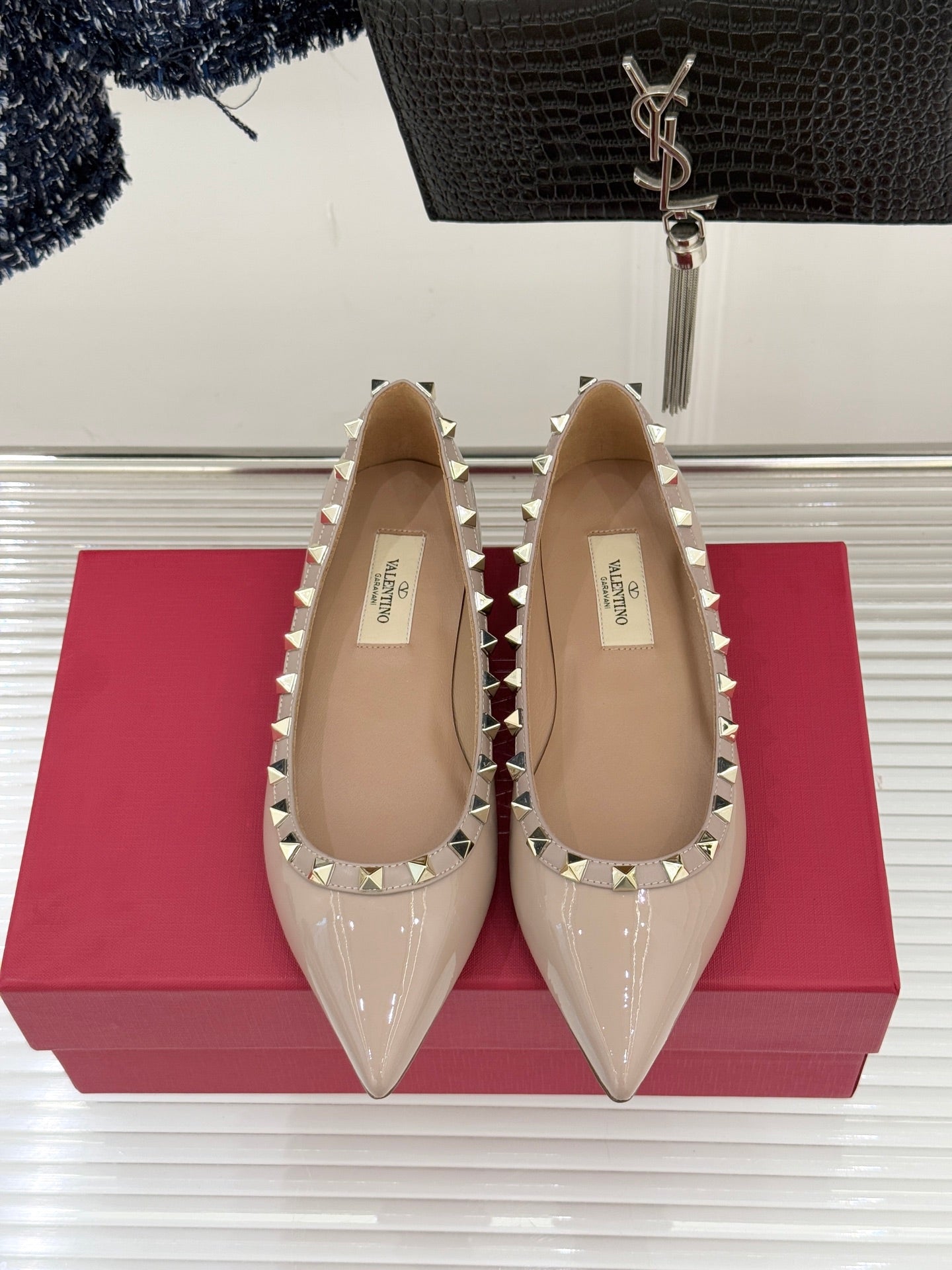 Valentino Rockstud Ballet Flat Beige Patent Leather 642997