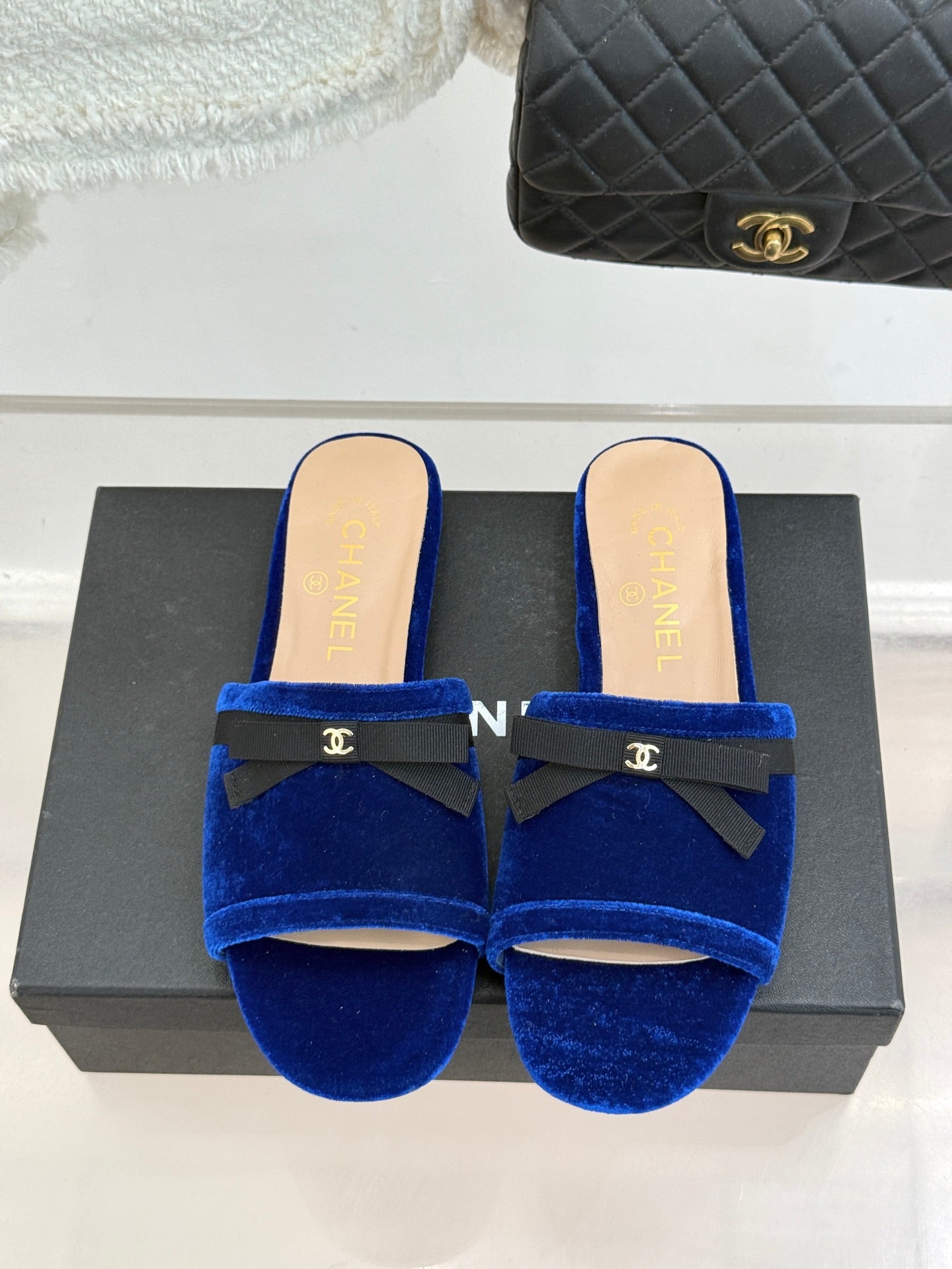 CC 26S Double C Bow Braid Slippers Blue Velvet 717787