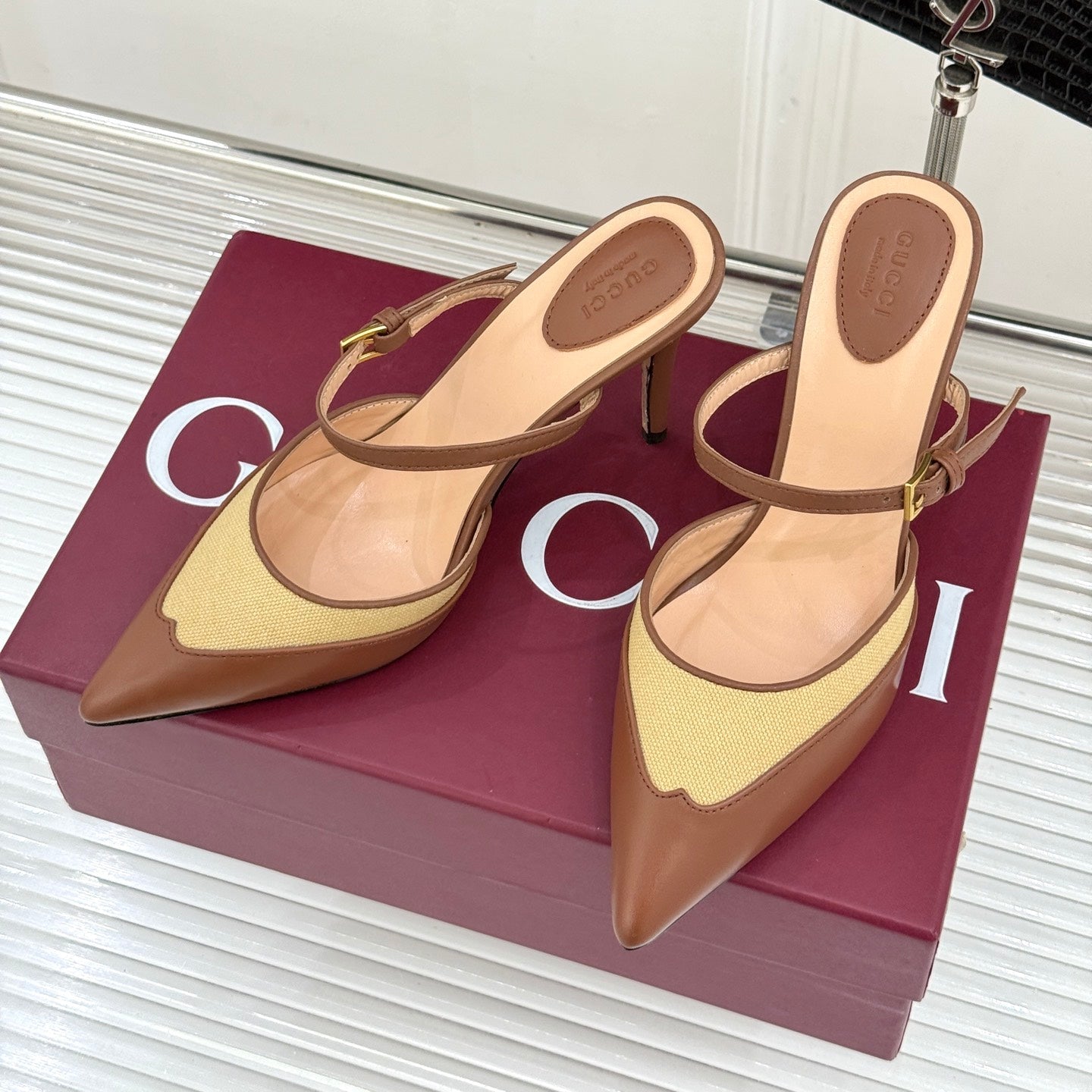 GG 26WF Mules 9.5cm Brown Beige Leather Canvas 886167