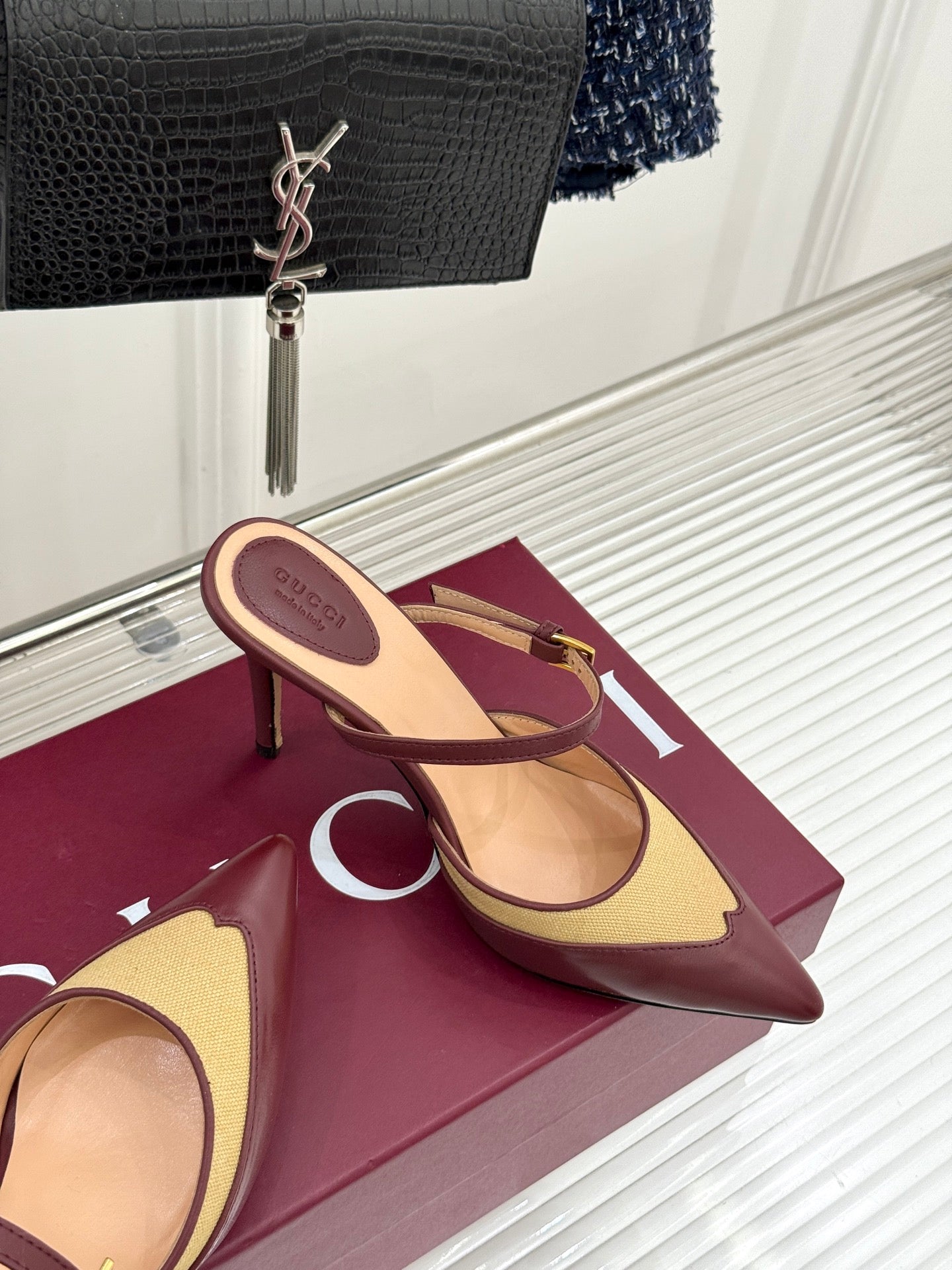GG 26WF Mules 9.5cm Wine Red Beige Leather Canvas 886168