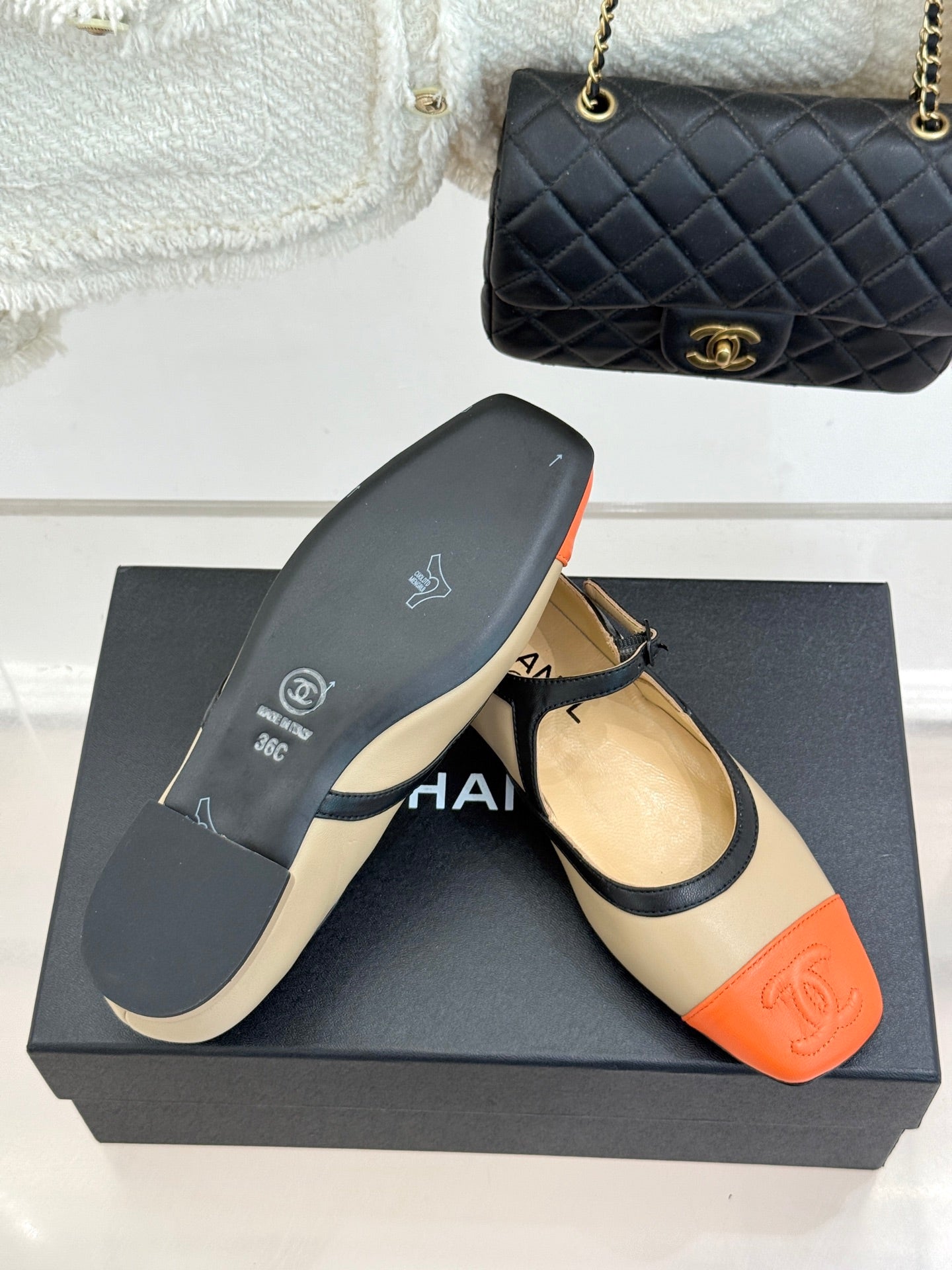 CC 26s Square-Toe Mary Jane Shoes Orange Beige Leather 920419