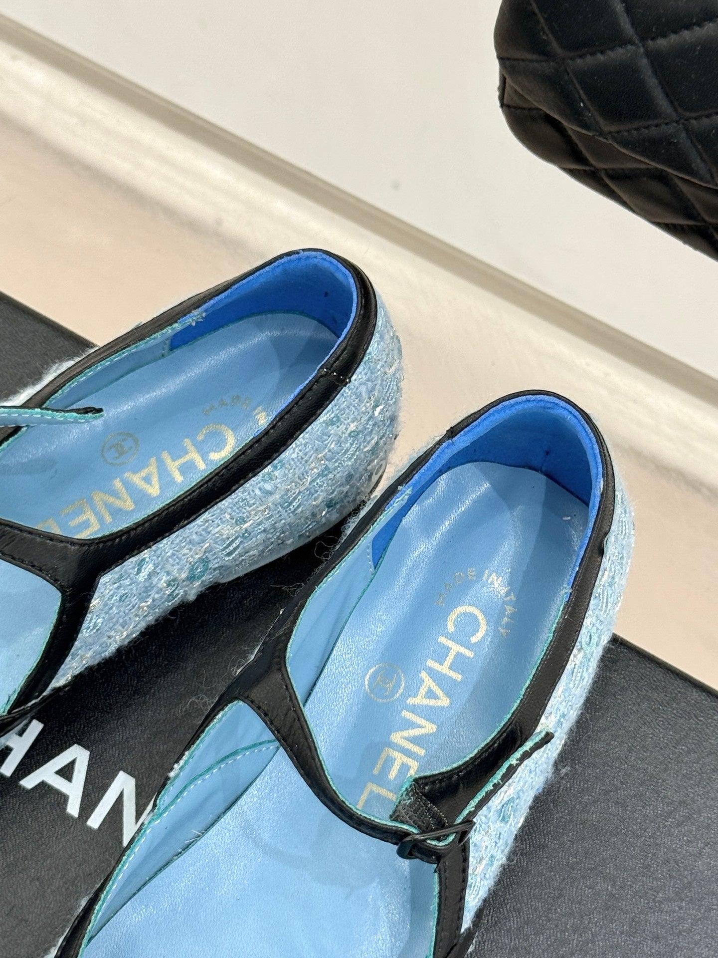 CC 26s Square-Toe Mary Jane Shoes Black Blue Tweed Leather 920423