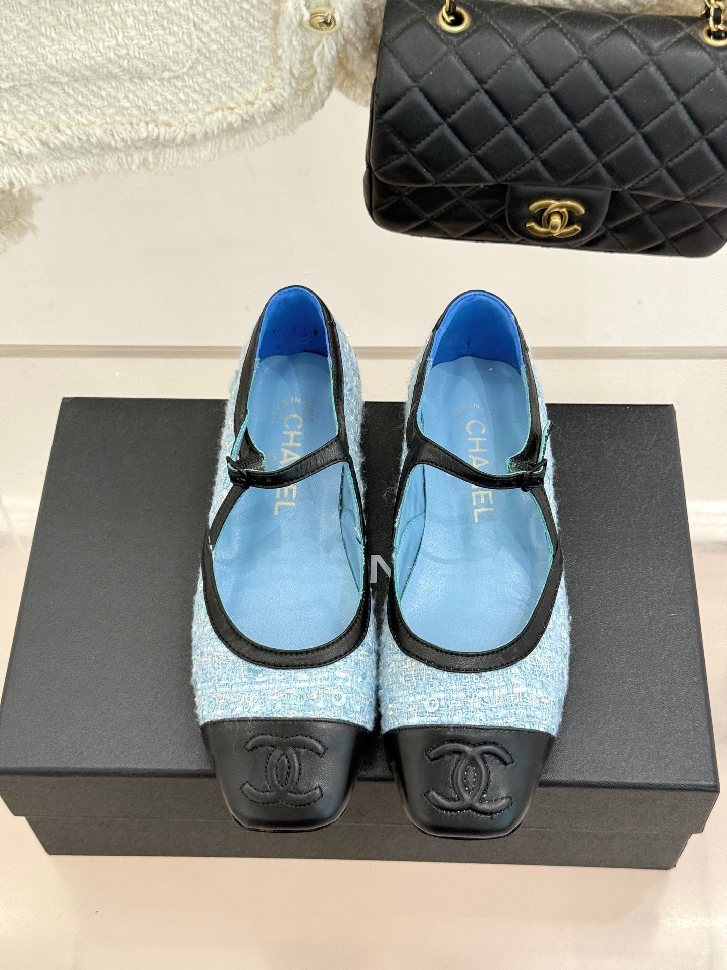 CC 26s Square-Toe Mary Jane Shoes Black Blue Tweed Leather 920423