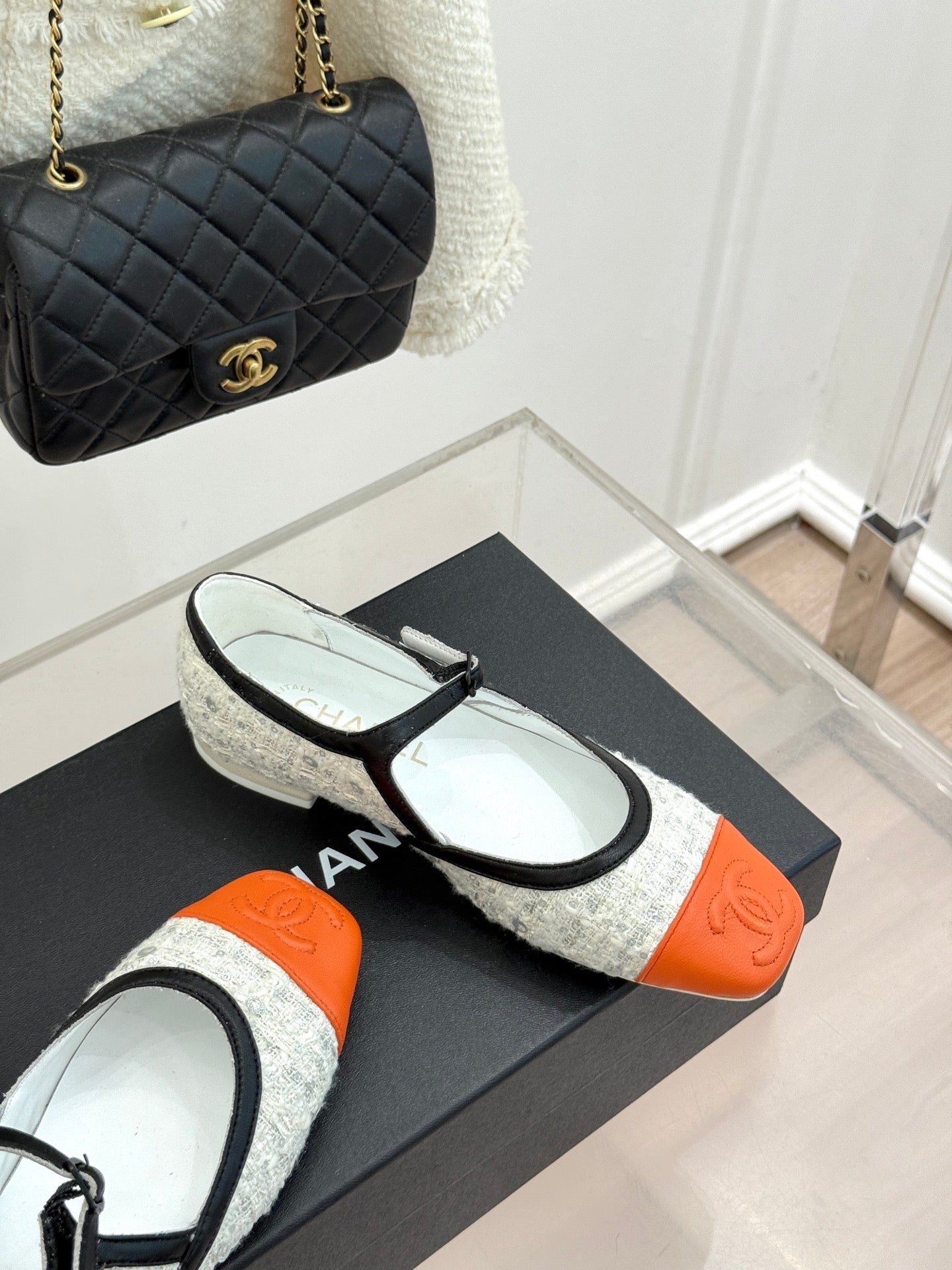 CC 26s Square-Toe Mary Jane Shoes Orange White Tweed Leather 920424