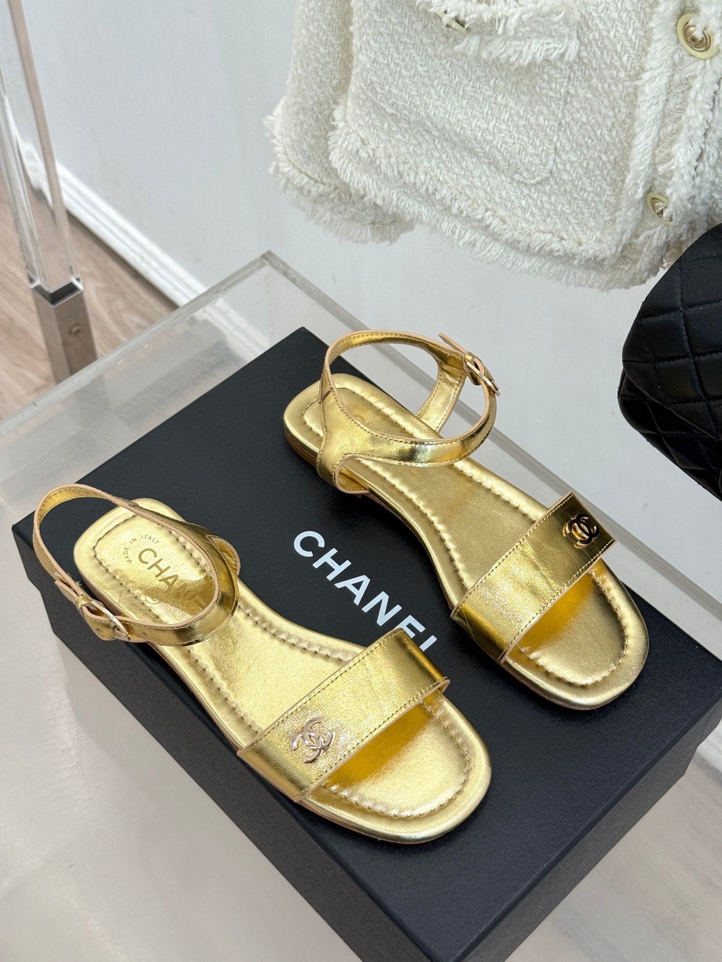 CC 26s Strap Flat Sandals Gold Lambskin 920330