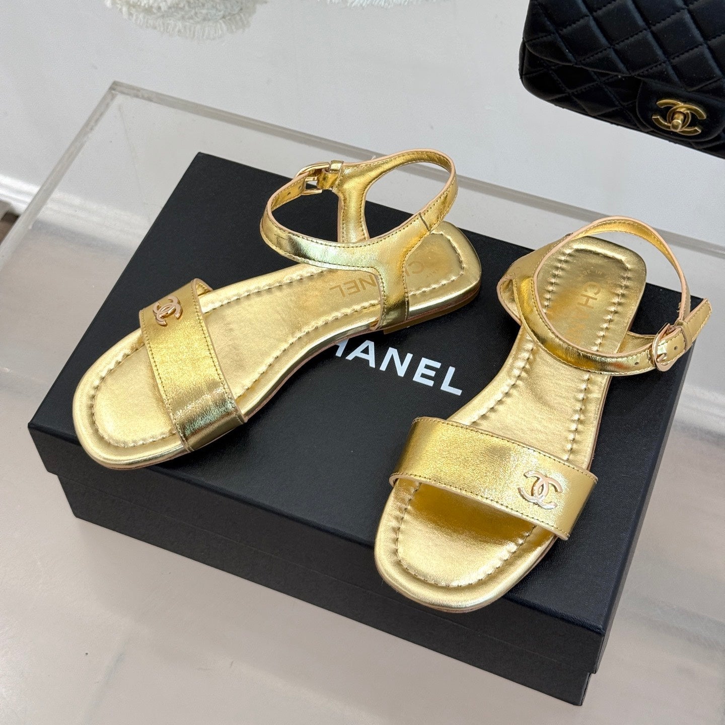 CC 26s Strap Flat Sandals Gold Lambskin 920330