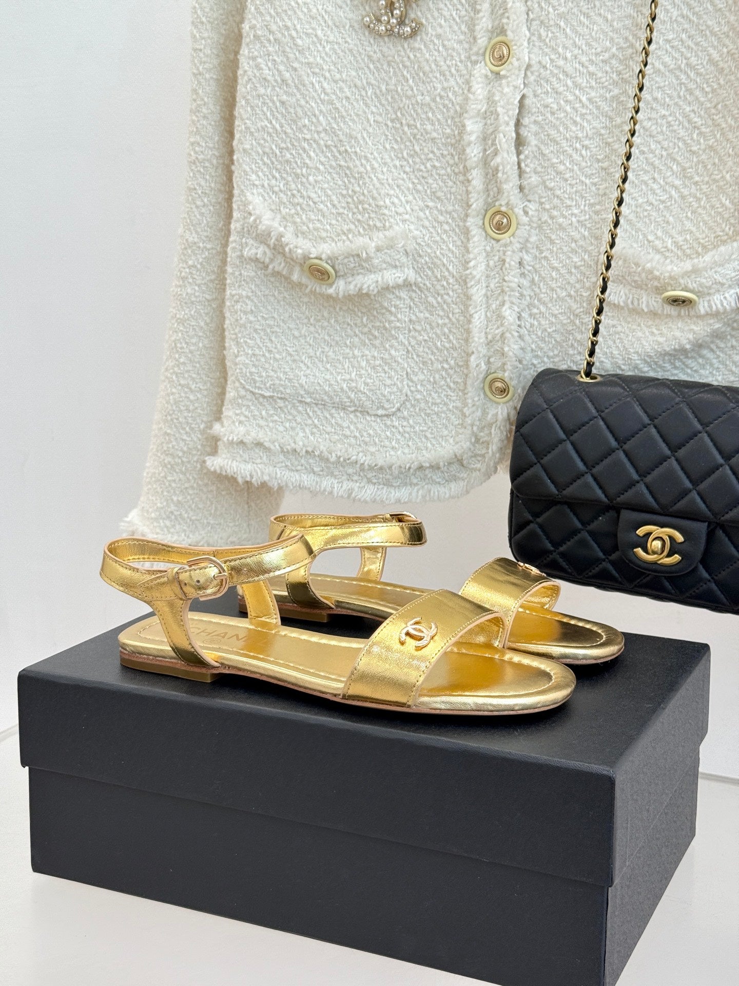 CC 26s Strap Flat Sandals Gold Lambskin 920330