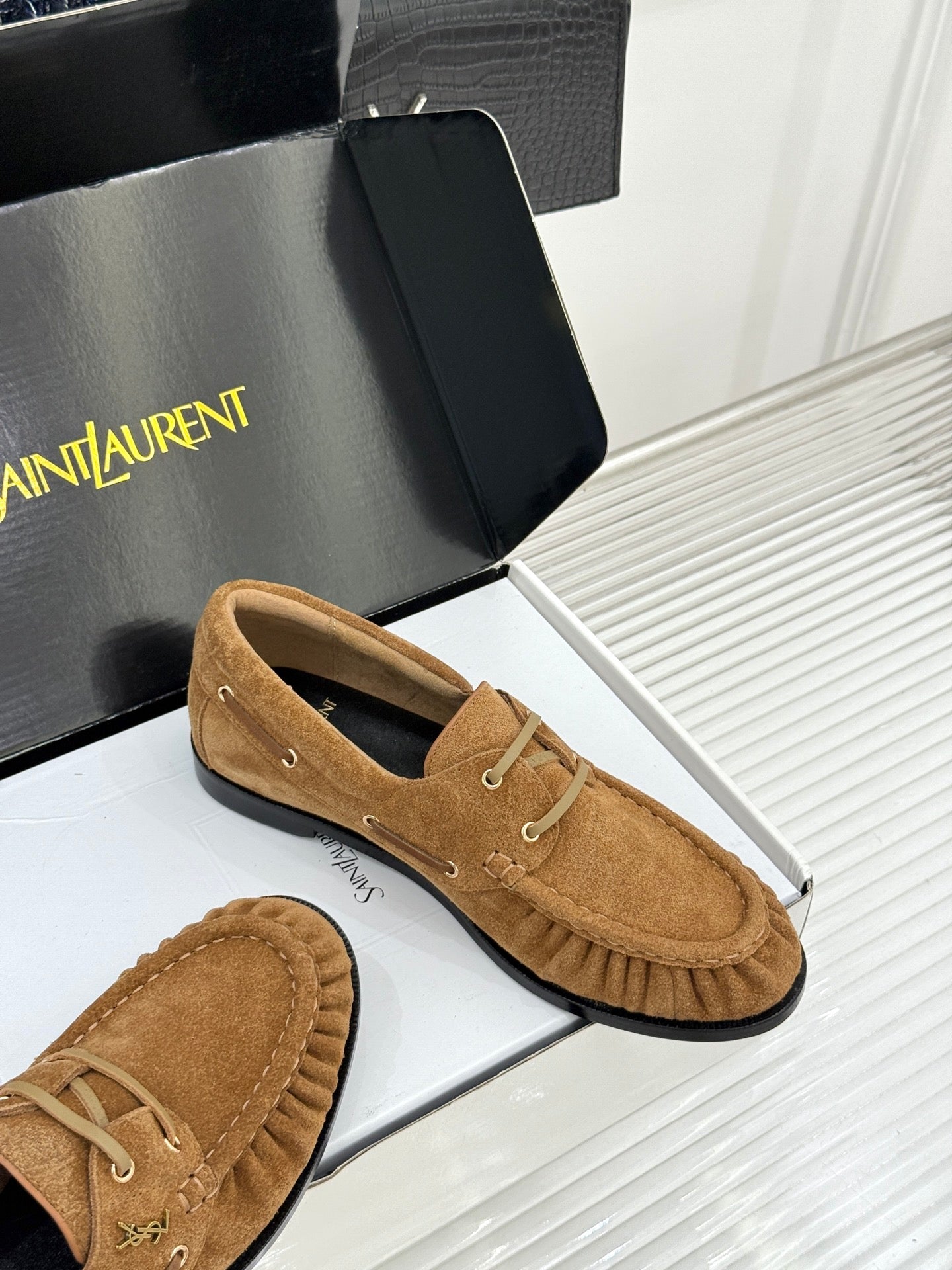YSL 26s Le Bateau Loafer Tan Brown Suede 992286