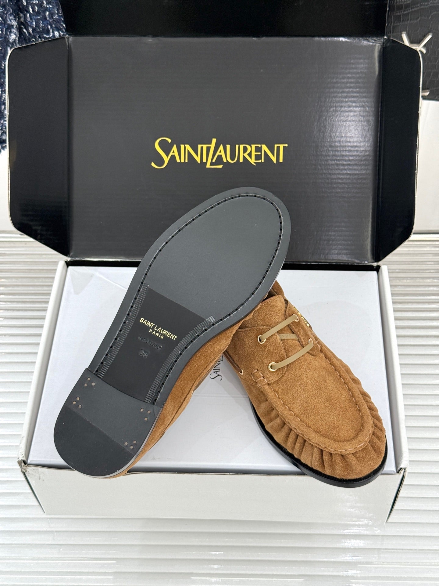 YSL 26s Le Bateau Loafer Tan Brown Suede 992286