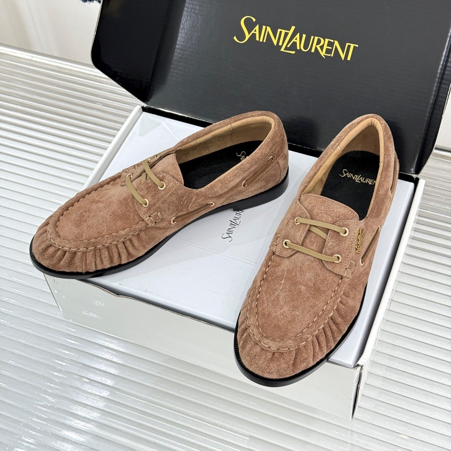 YSL 26s Le Bateau Loafer Brown Suede 992287